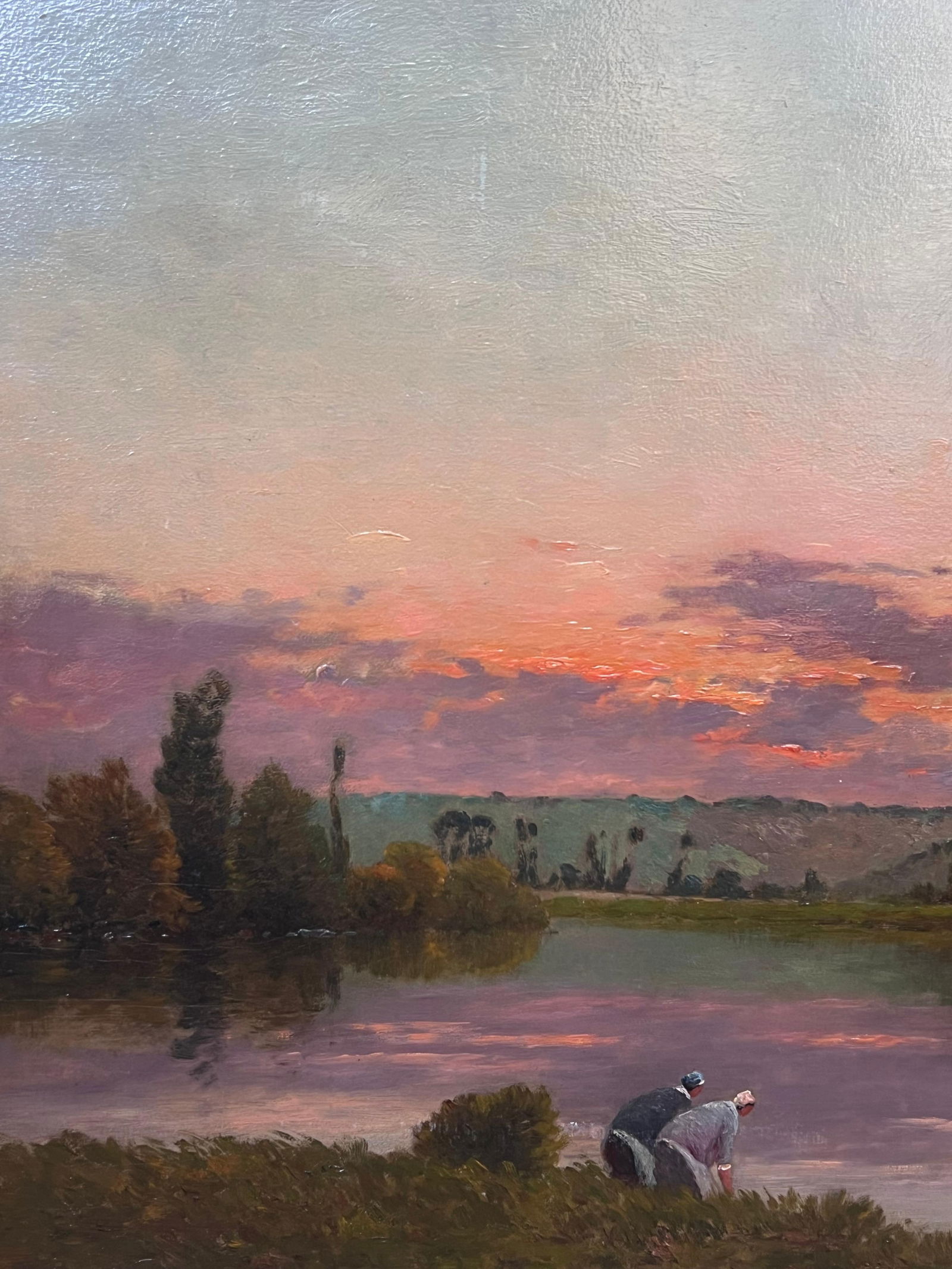 Henri-Jacques Delpy; Huge Antique Barbizon School Signed Oil Painting Washfolk Sunset River - 9
