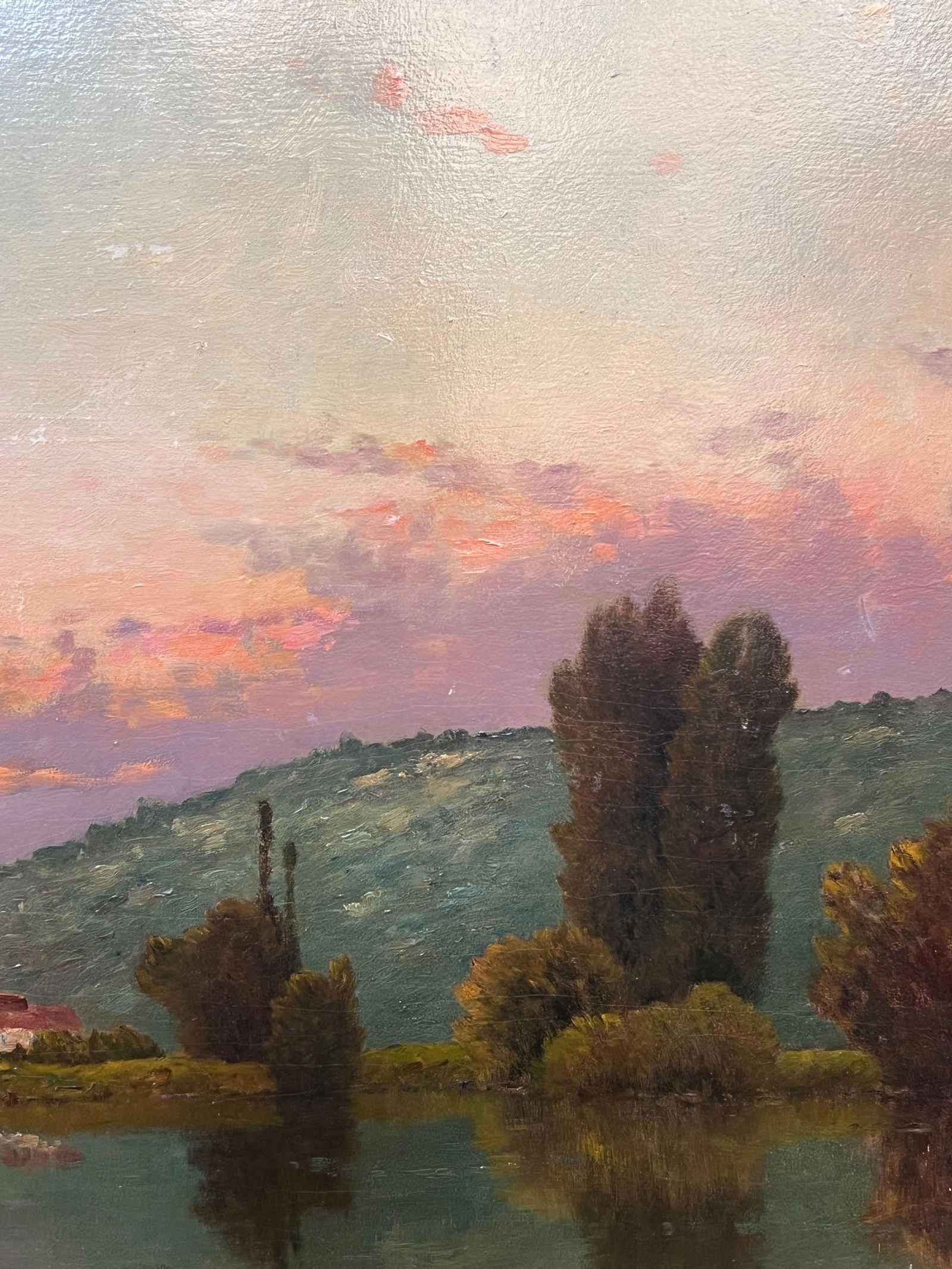 Henri-Jacques Delpy; Huge Antique Barbizon School Signed Oil Painting Washfolk Sunset River - 11