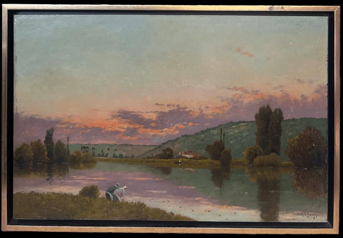 Henri-Jacques Delpy; Huge Antique Barbizon School Signed Oil Painting Washfolk Sunset River (1 of 13)