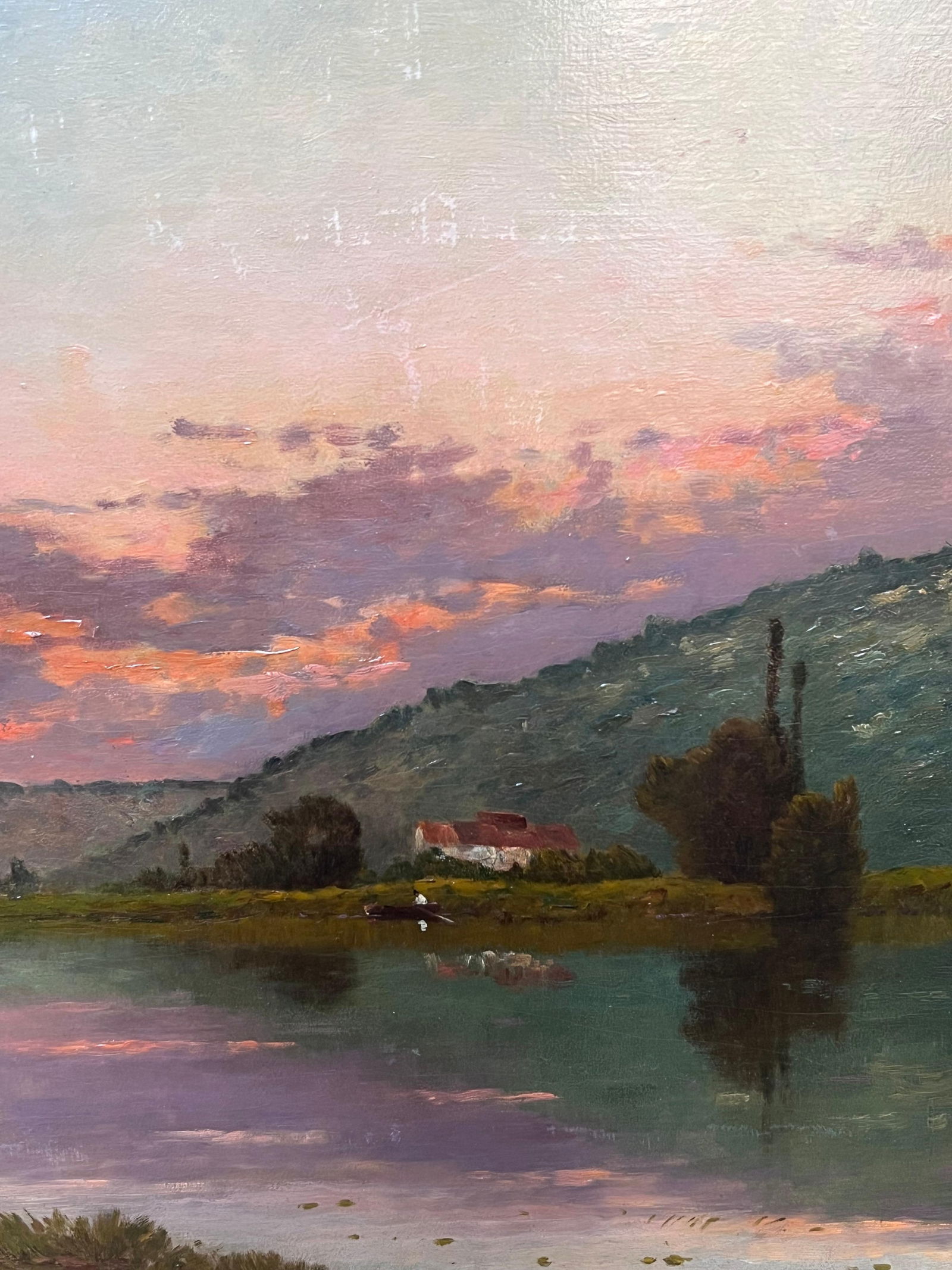 Henri-Jacques Delpy; Huge Antique Barbizon School Signed Oil Painting Washfolk Sunset River - 2