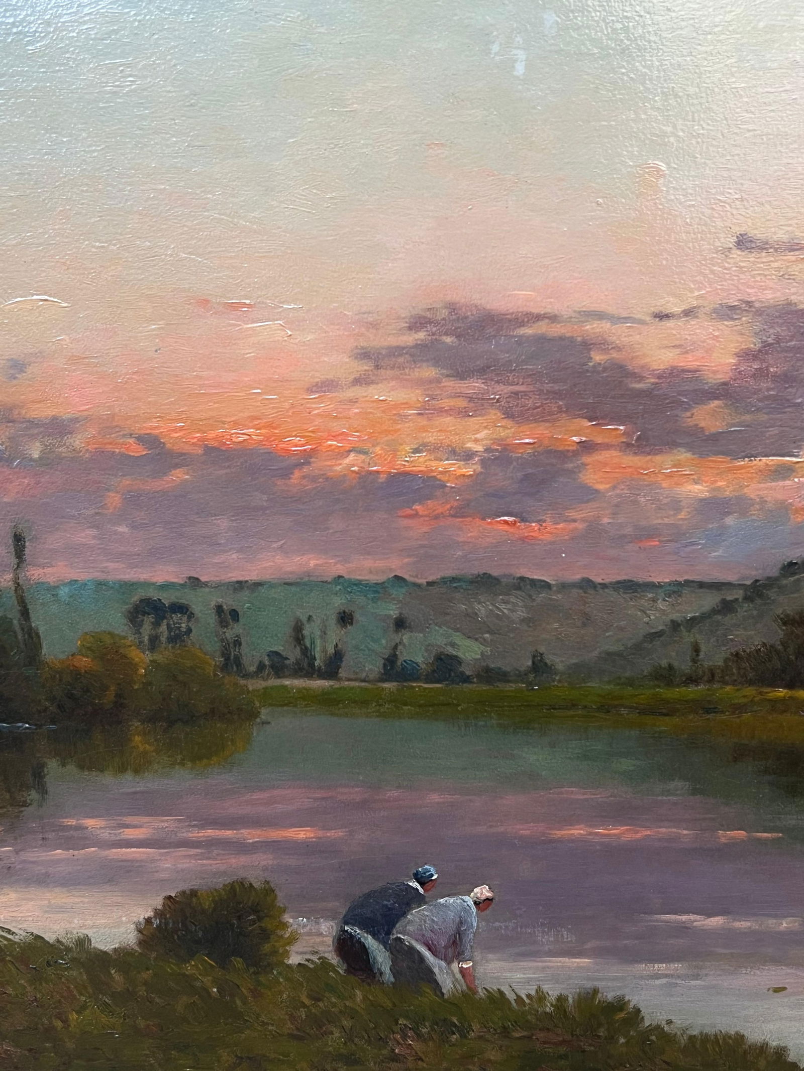 Henri-Jacques Delpy; Huge Antique Barbizon School Signed Oil Painting Washfolk Sunset River - 5