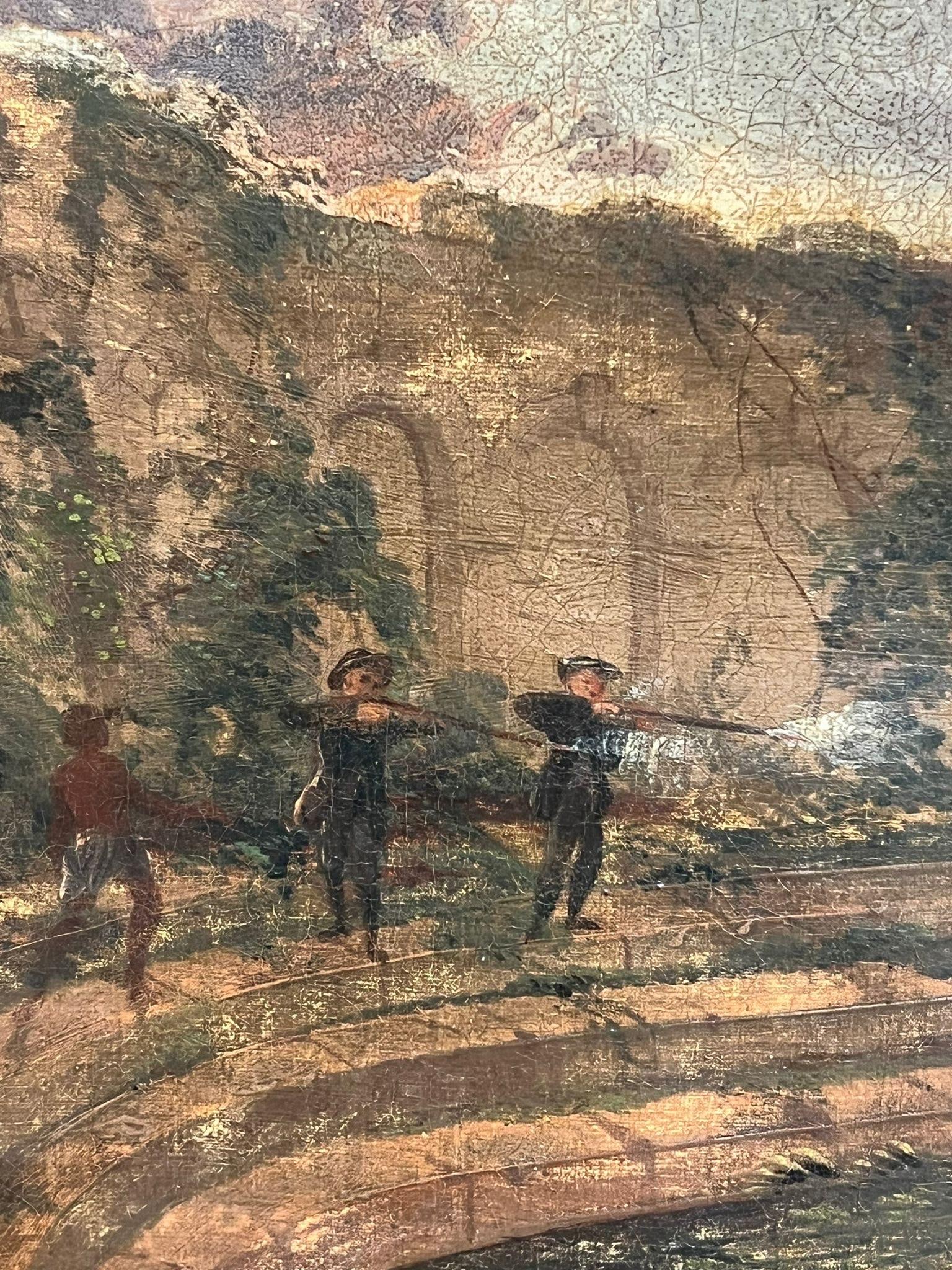 Continental School; 19thC. Figures Hunting Classical Ruins Mountainous Sunset Landscape North - 8