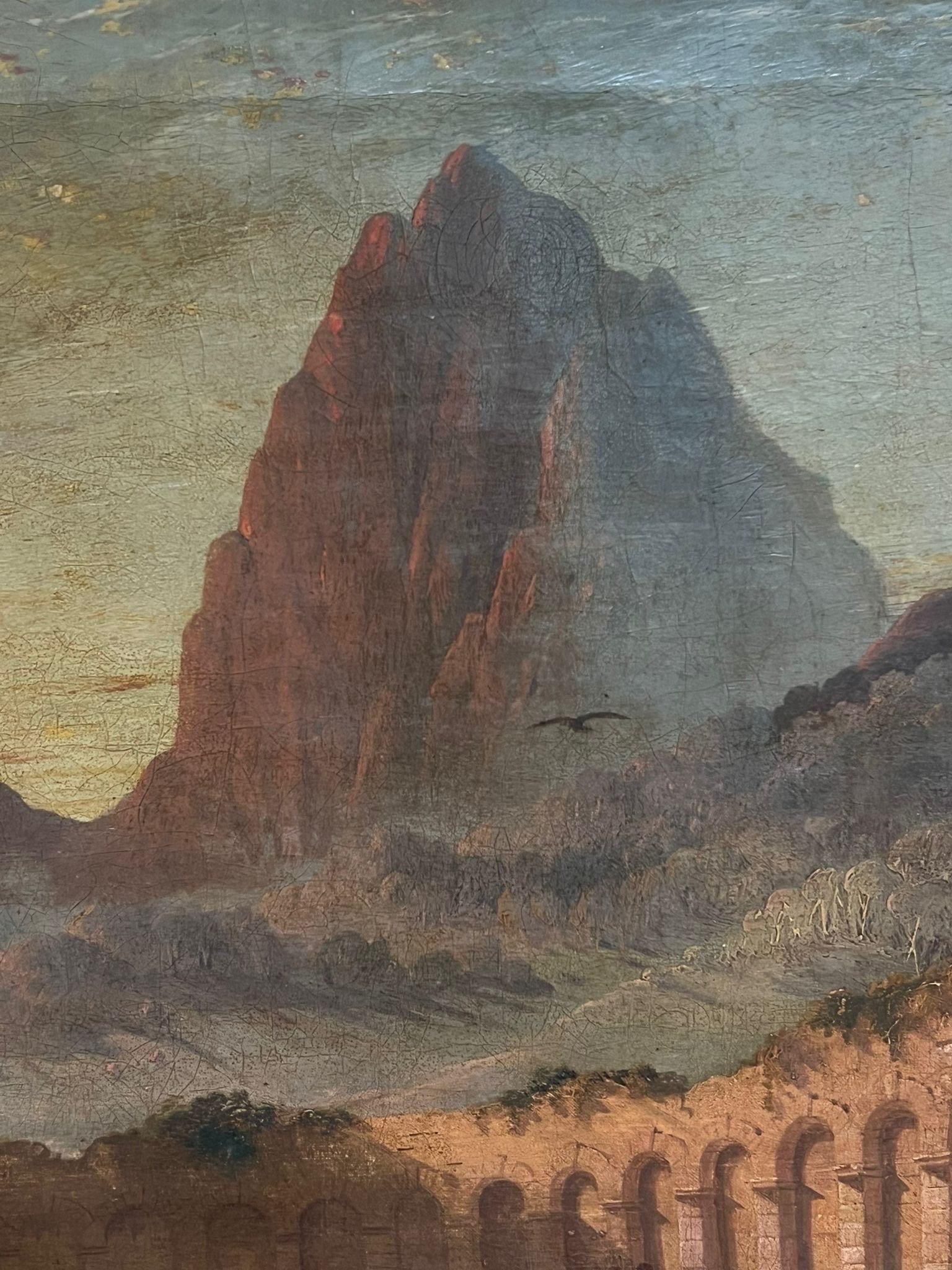 Continental School; 19thC. Figures Hunting Classical Ruins Mountainous Sunset Landscape North - 9