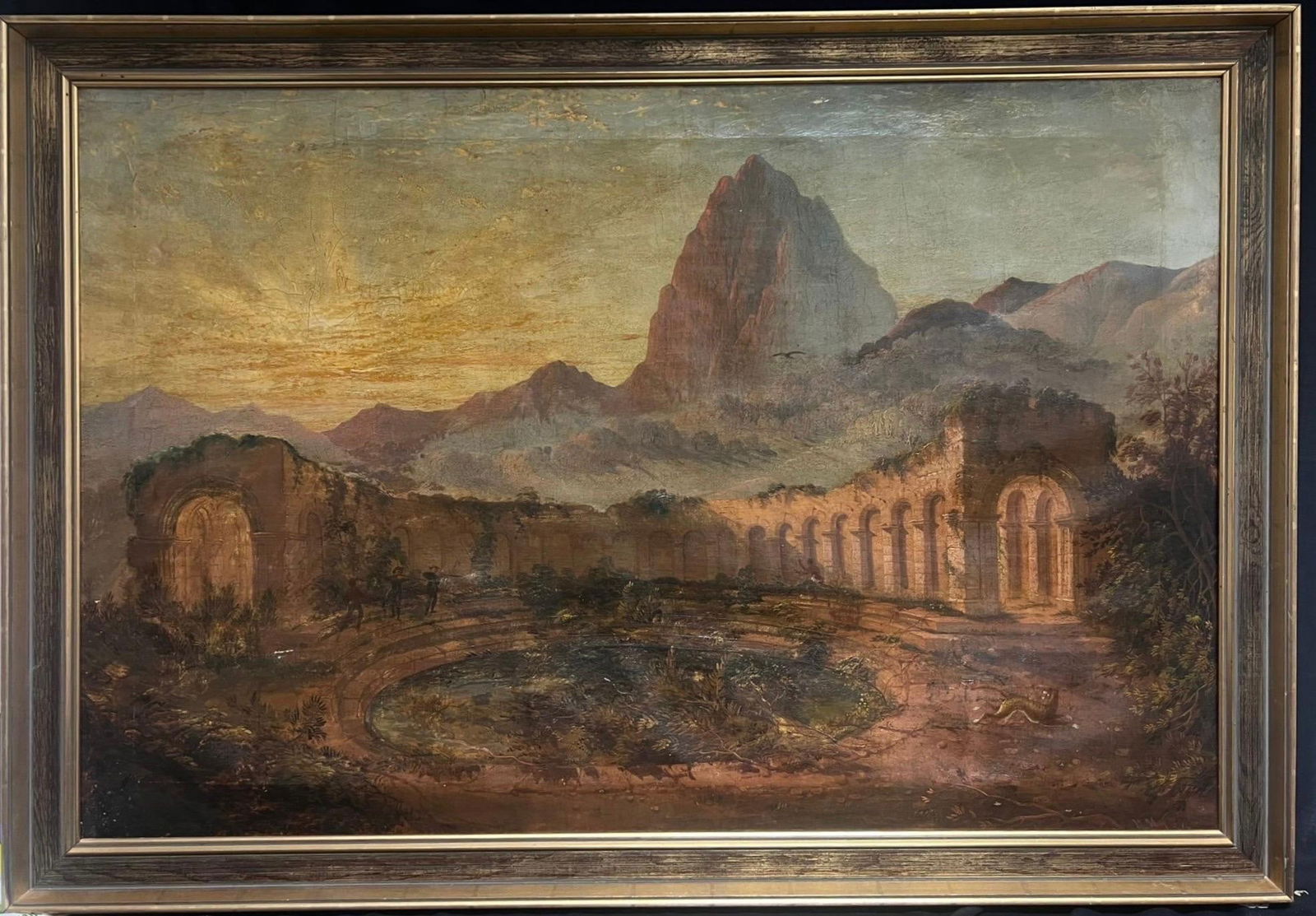 Continental School; 19thC. Figures Hunting Classical Ruins Mountainous Sunset Landscape North - 13