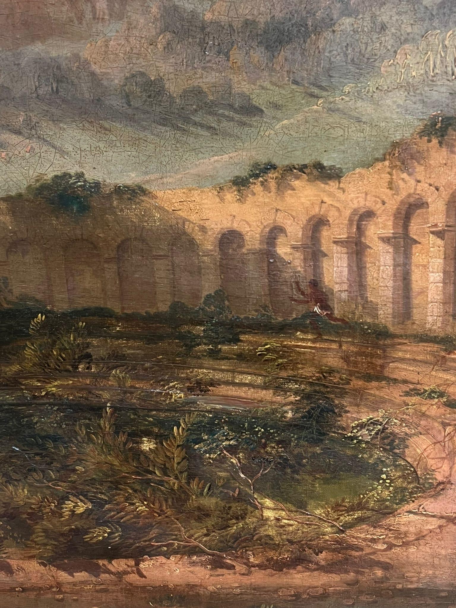Continental School; 19thC. Figures Hunting Classical Ruins Mountainous Sunset Landscape North - 2