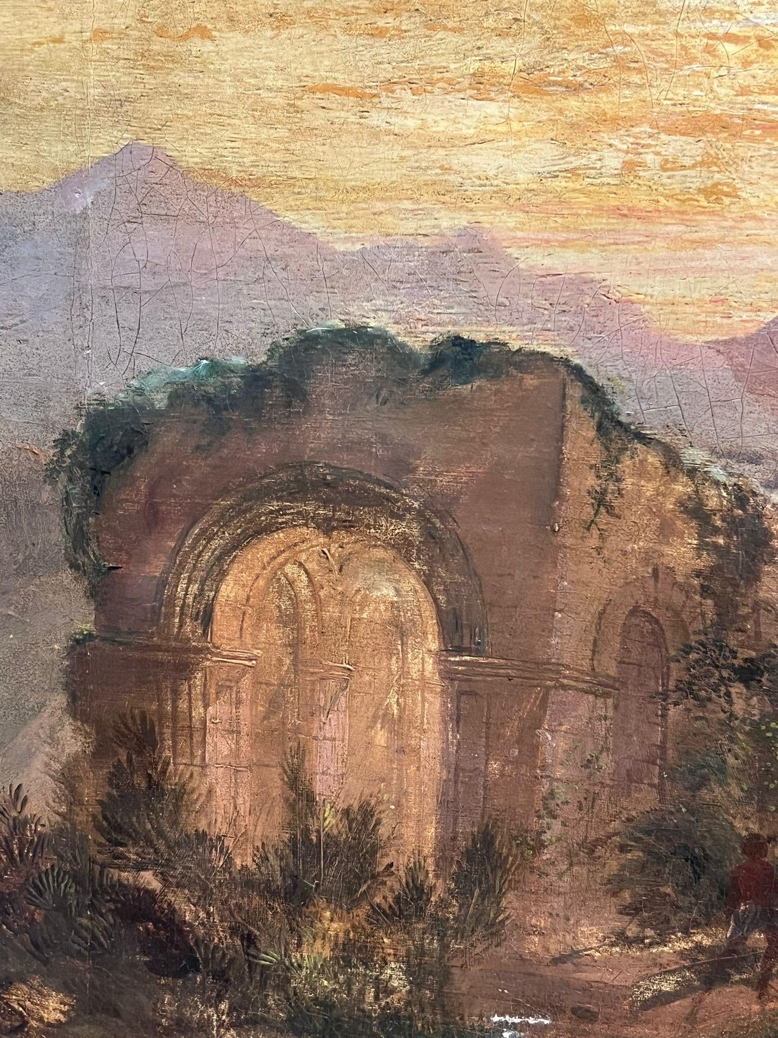 Continental School; 19thC. Figures Hunting Classical Ruins Mountainous Sunset Landscape North - 6