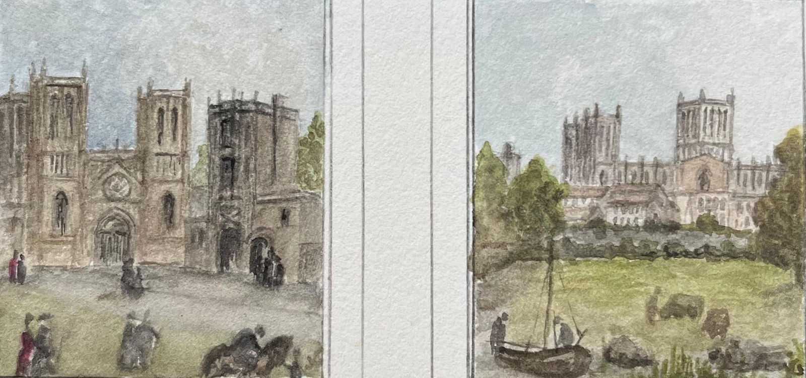 Jack Grunwell; Pair of Historic Miniature Watercolor of Bristol Cathedral and School: Title: Jack Grunwell; Pair of Historic Miniature Watercolor of Bristol Cathedral and School Description: Title: Historic Miniature Watercolors of Kingswood Schools in Bath and Bristol by Jack