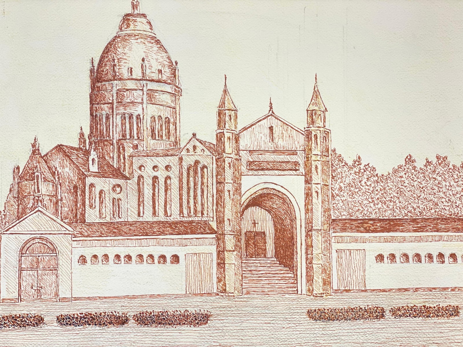 1950's Signed Modernist Painting, Large Landscape of Historic Landmark, 1950s - 2