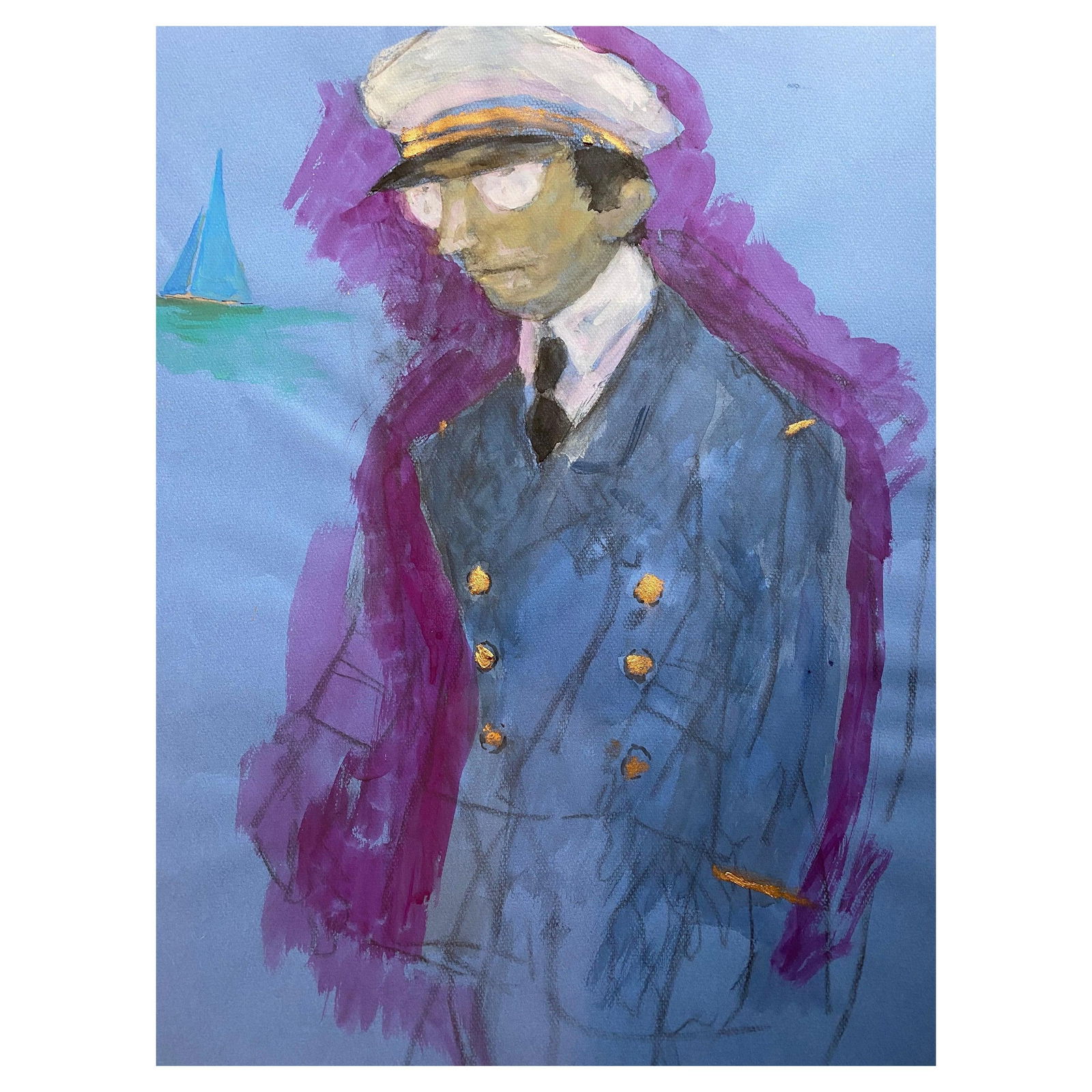 1960's French Portrait Pilot/ Captain Gentleman in Uniform Caricature, circa 1960s: Title: 1960's French Portrait Pilot/ Captain Gentleman in Uniform Caricature, circa 1960s Description: French Character Portrait French school, Mid 20th Century Gouache paint on unframed paper