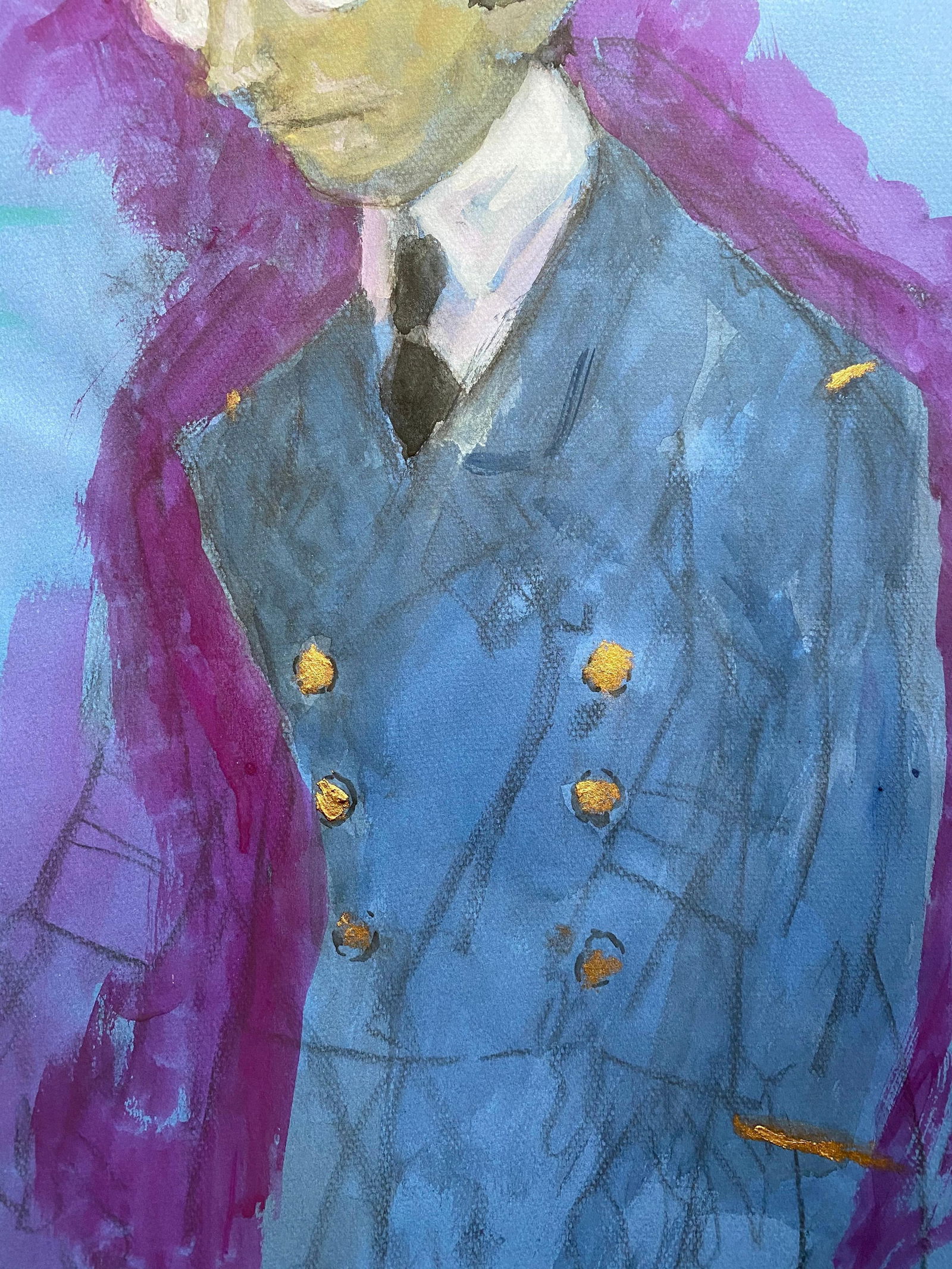 1960's French Portrait Pilot/ Captain Gentleman in Uniform Caricature, circa 1960s - 2