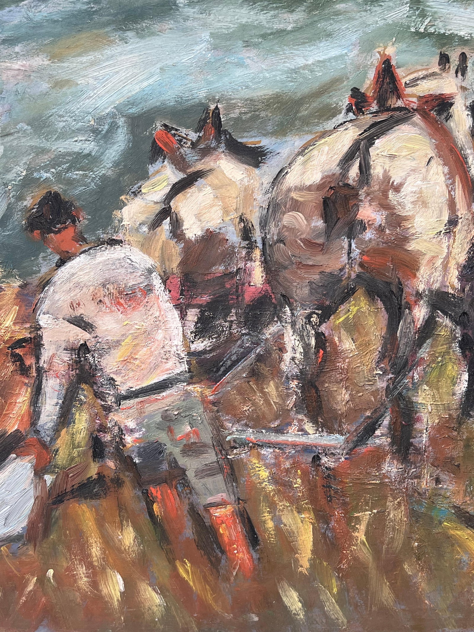 Fanch Lel; Figure Ploughing the Orange Harvest Field Led By Horses French Oil Painting - 8