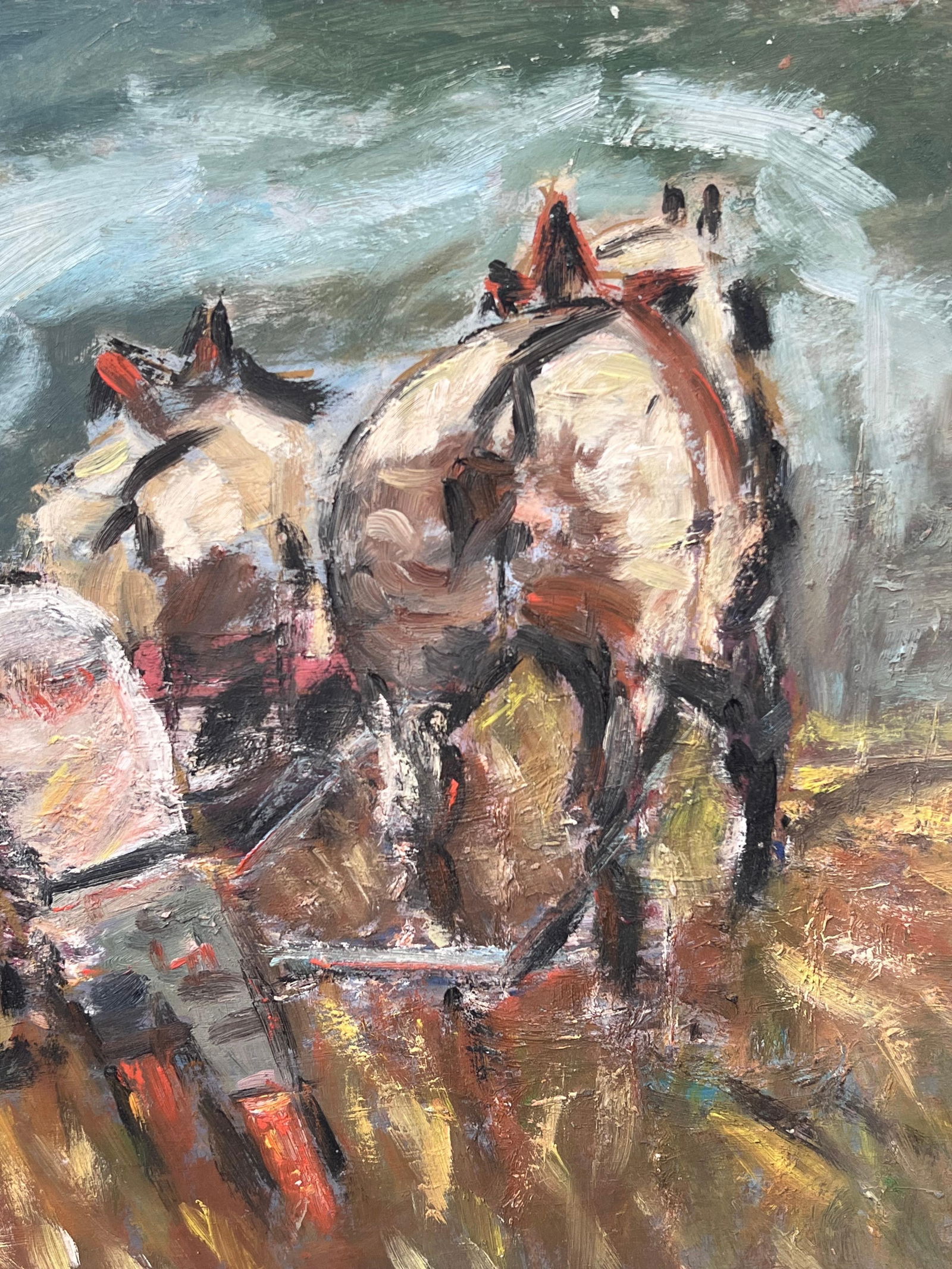 Fanch Lel; Figure Ploughing the Orange Harvest Field Led By Horses French Oil Painting - 2