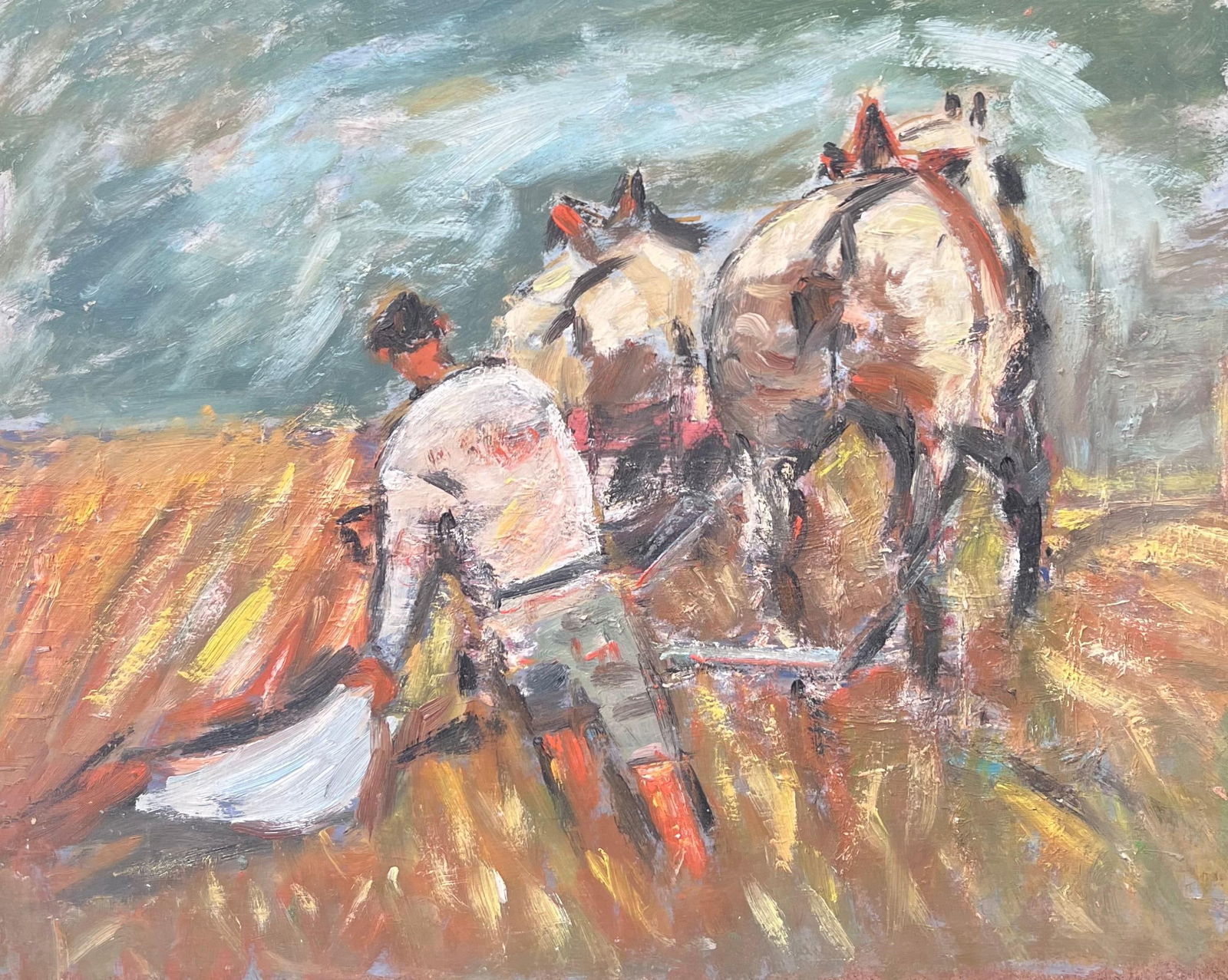 Fanch Lel; Figure Ploughing the Orange Harvest Field Led By Horses French Oil Painting - 4