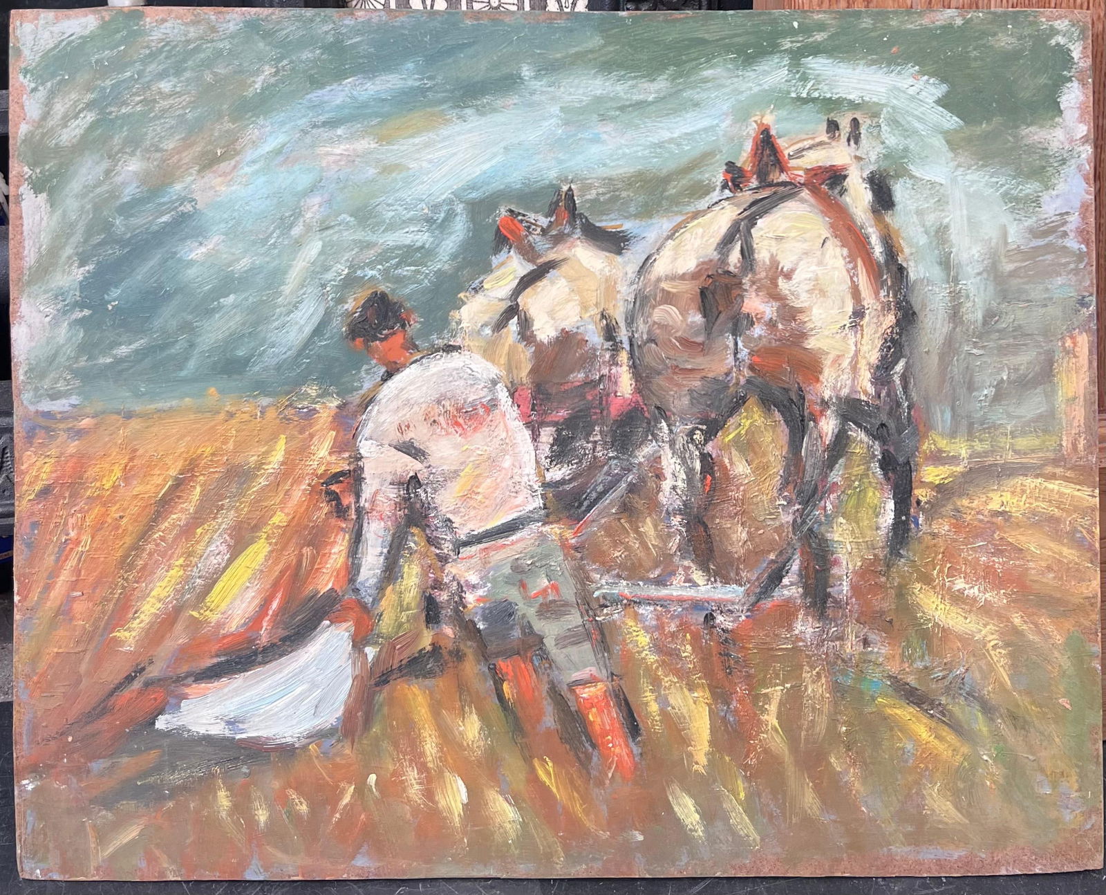 Fanch Lel; Figure Ploughing the Orange Harvest Field Led By Horses French Oil Painting - 5