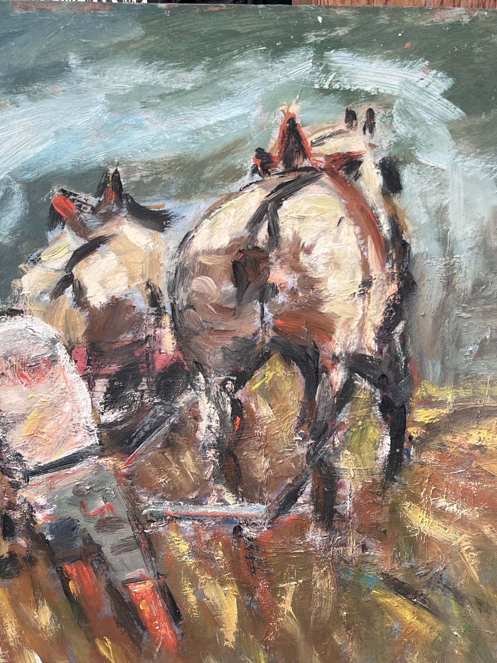 Fanch Lel; Figure Ploughing the Orange Harvest Field Led By Horses French Oil Painting - 6