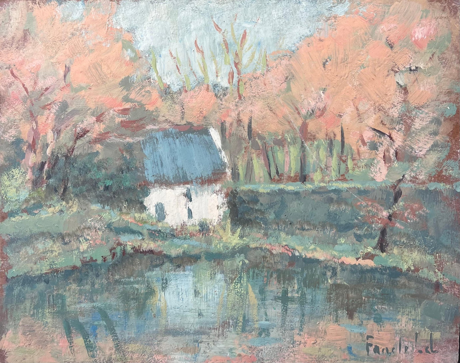 Fanch Lel; White Cottage Hidden in The Autumnal River Forest French Oil Painting, 19th Century: Title: Fanch Lel; White Cottage Hidden in The Autumnal River Forest French Oil Painting, 19th Century Description: Title: Impressionist Fleet of Sailboats with Reflections in a Blue and Pink Palette b