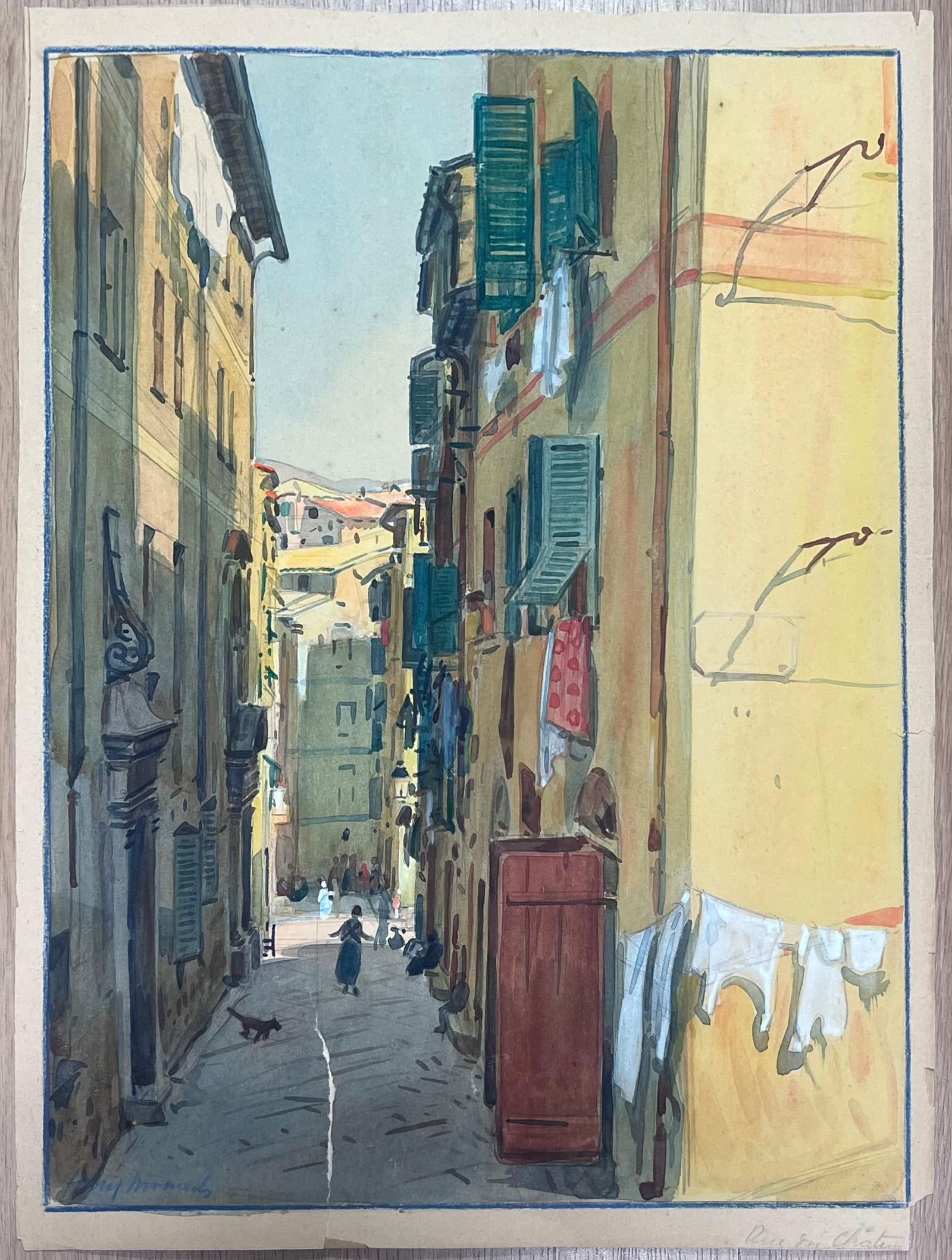 Tony Minartz ; Old Town Nice Back Street Houses Antique French Impressionist Watercolor - 5