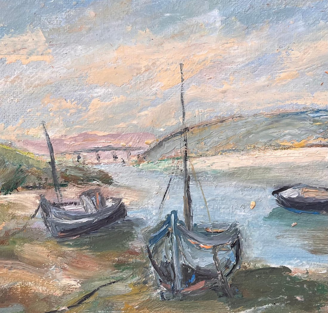 Fanch Lel; French Impressionist Painting of Moored Boats and Coastal Riverbank - 13