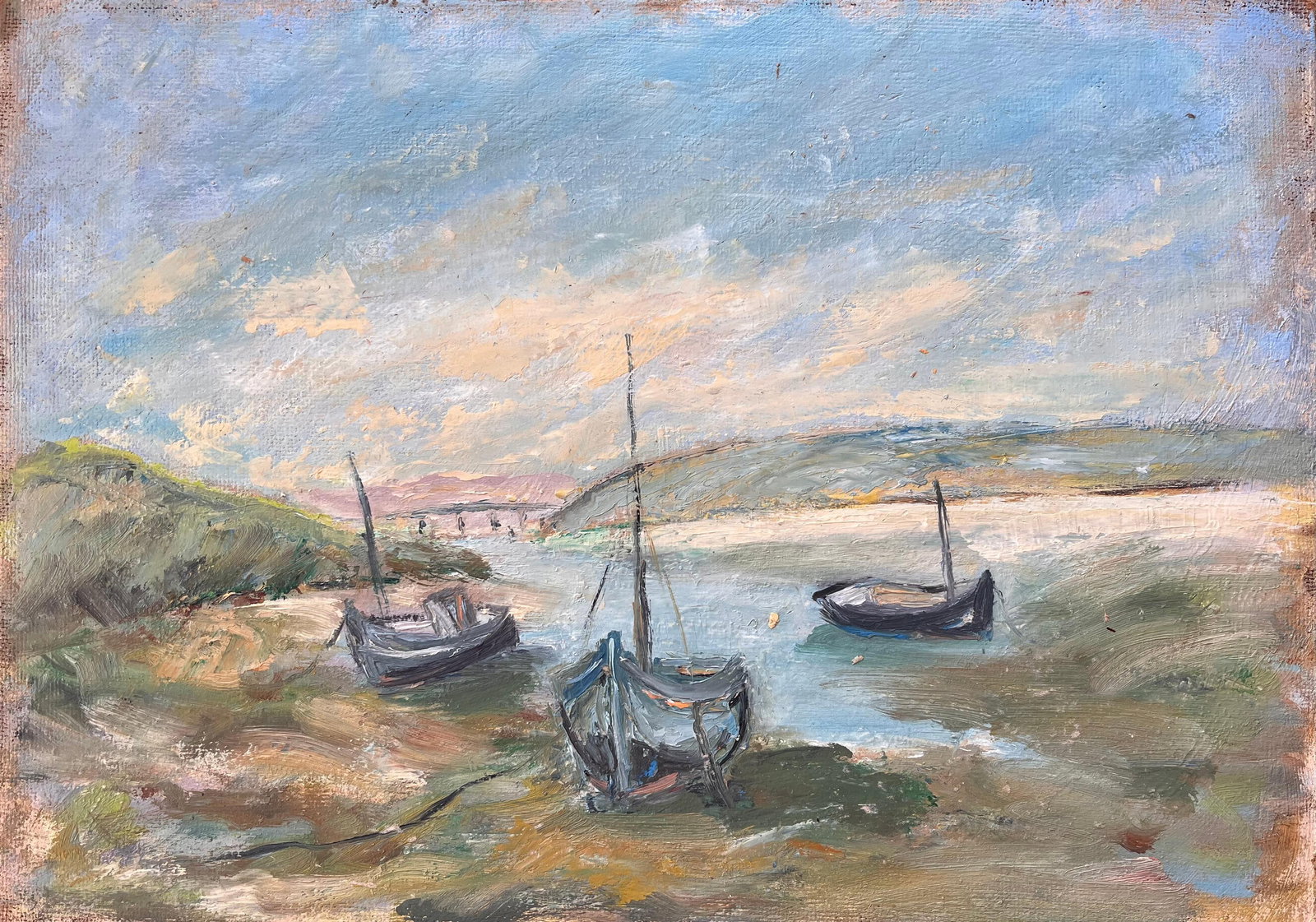 Fanch Lel; French Impressionist Painting of Moored Boats and Coastal Riverbank - 15