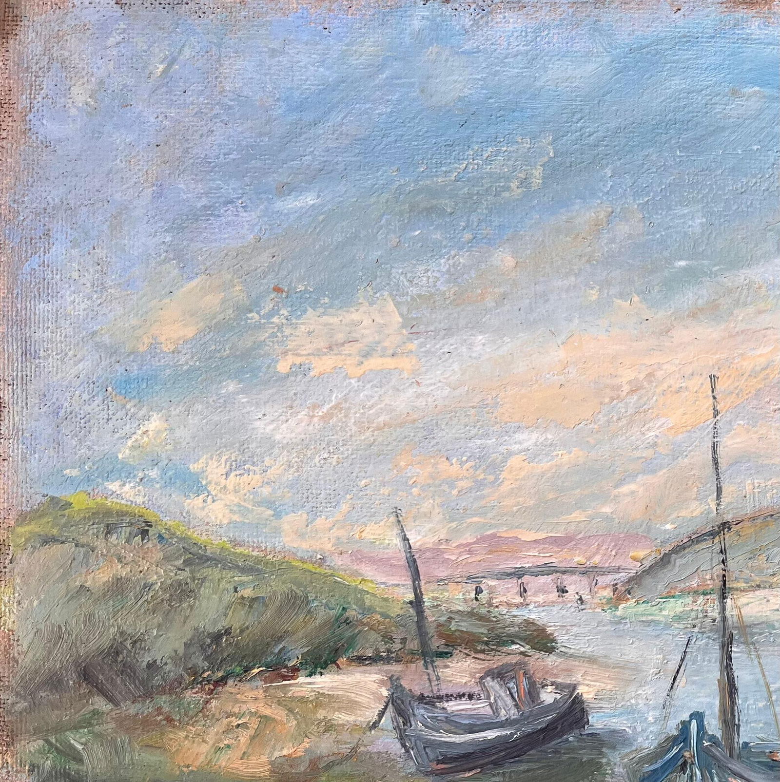 Fanch Lel; French Impressionist Painting of Moored Boats and Coastal Riverbank - 2