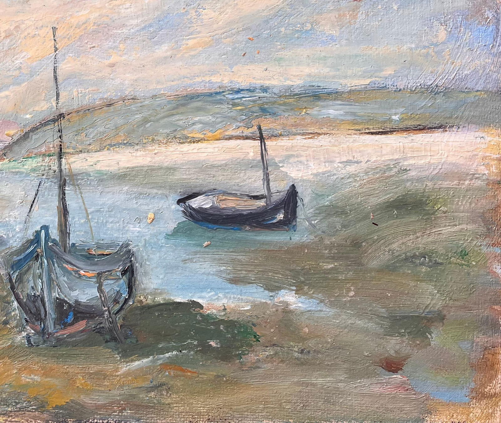 Fanch Lel; French Impressionist Painting of Moored Boats and Coastal Riverbank - 3