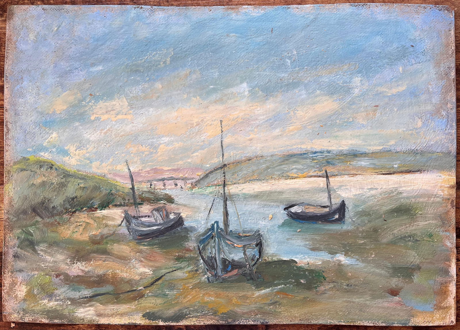 Fanch Lel; French Impressionist Painting of Moored Boats and Coastal Riverbank - 8