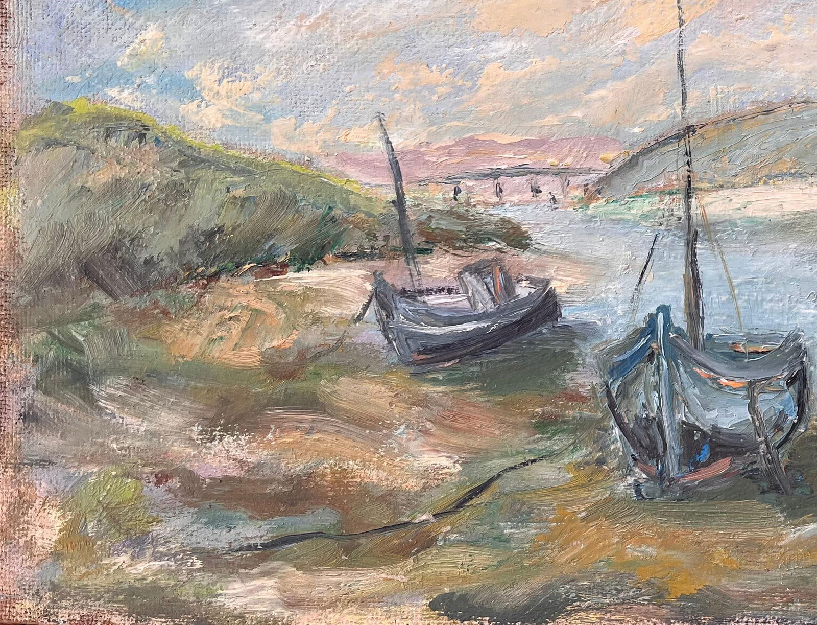 Fanch Lel; French Impressionist Painting of Moored Boats and Coastal Riverbank - 9