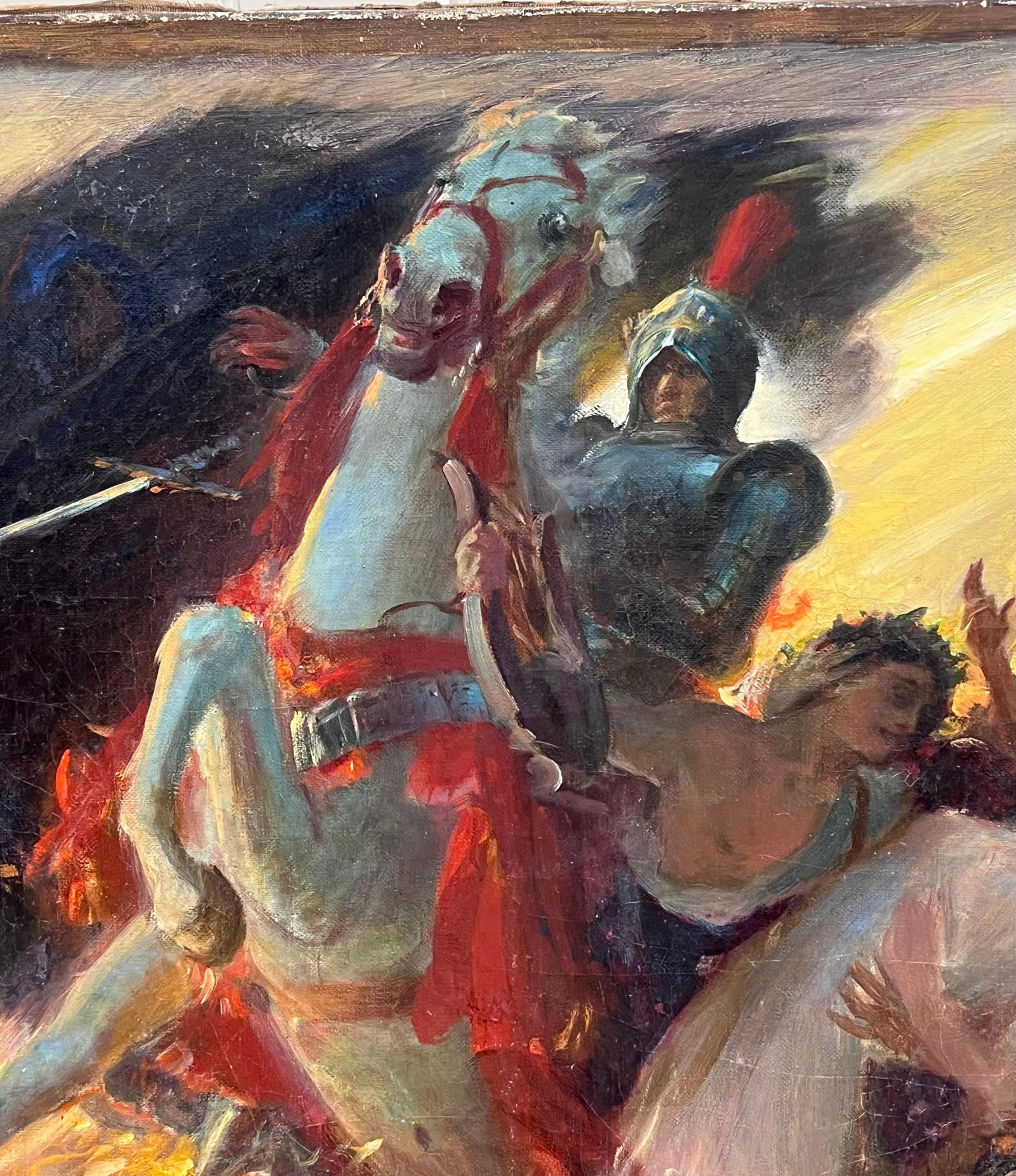 Large French Historical Antique Oil Painting Symbolist Work Classical Battle - 10