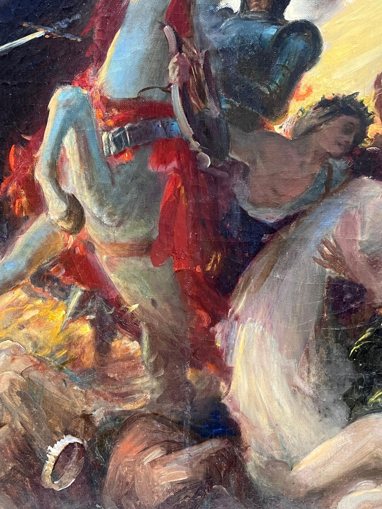 Large French Historical Antique Oil Painting Symbolist Work Classical Battle - 11