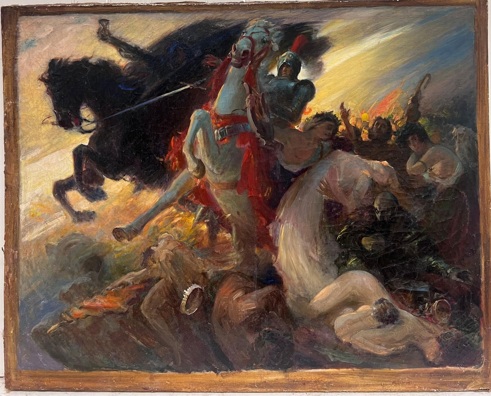 Large French Historical Antique Oil Painting Symbolist Work Classical Battle - 13