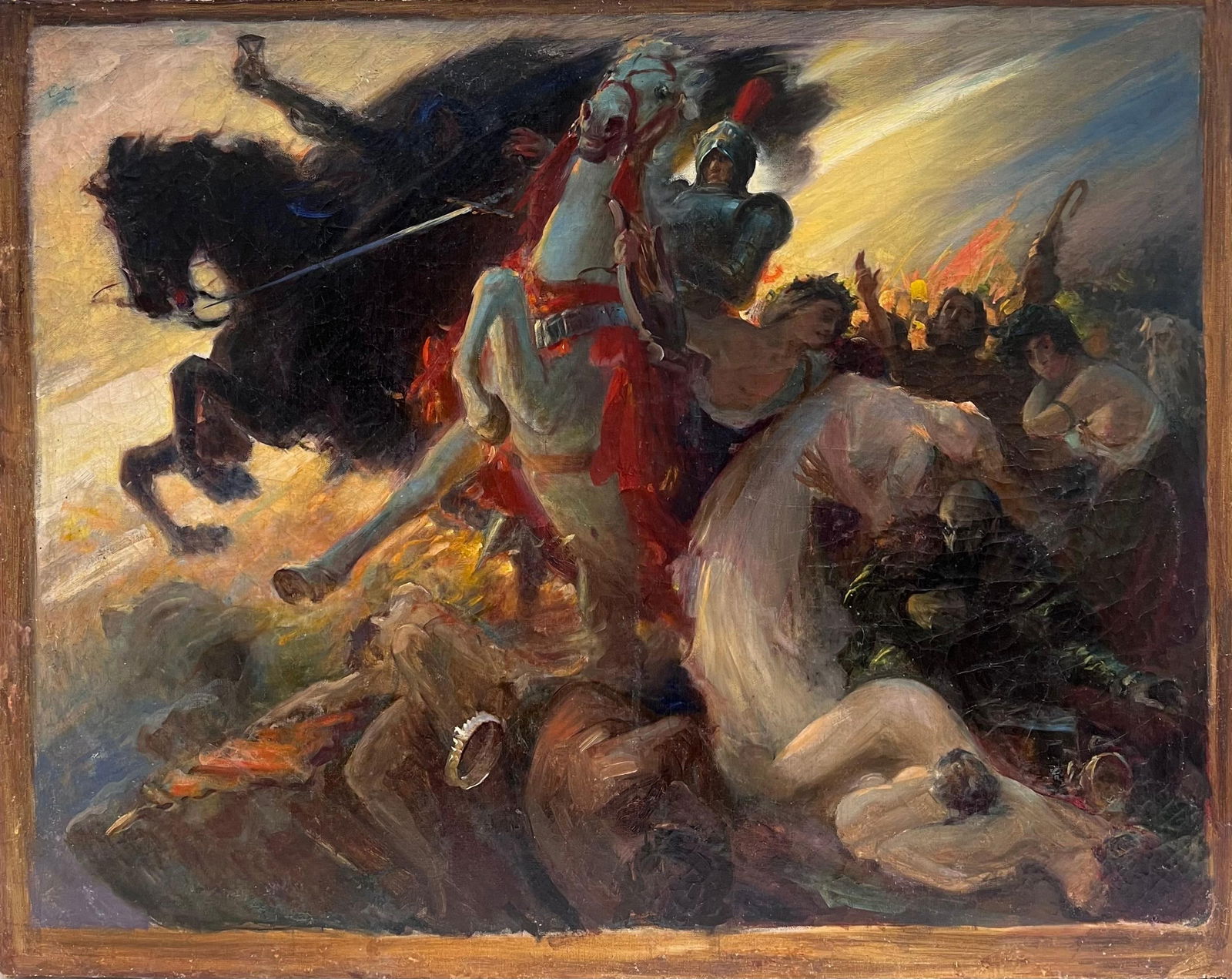 Large French Historical Antique Oil Painting Symbolist Work Classical Battle: Title: Large French Historical Antique Oil Painting Symbolist Work Classical Battle Description: The Battle attributed to Charles Hoffbauer (French/ American 1875-1957) inscribed verso oil on canvas,
