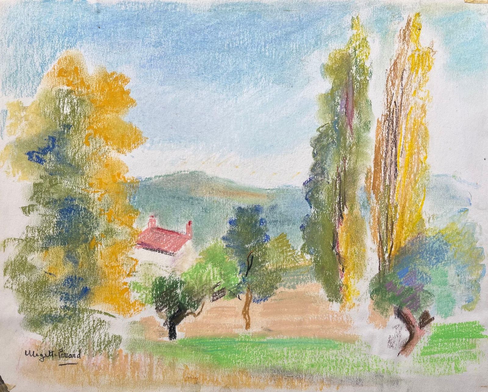 Anne Marie Migette Perard; Mid-20th Century Post-Impressionist Pastel Landscape of La Bourboule: Title: Anne Marie Migette Perard; Mid-20th Century Post-Impressionist Pastel Landscape of La Bourboule France Description: Title: French Mid 20th Century Exhibition Poster Study for WWII Normandy Land