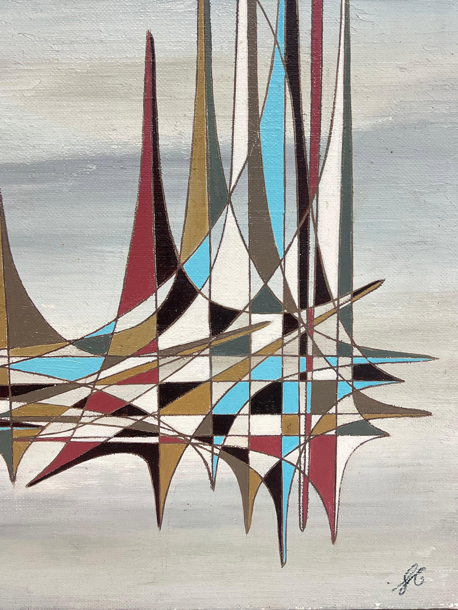 Serge Guerin (1916); Grey French Colourful Geometric Spires Abstract Surrealist Oil Painting - 8