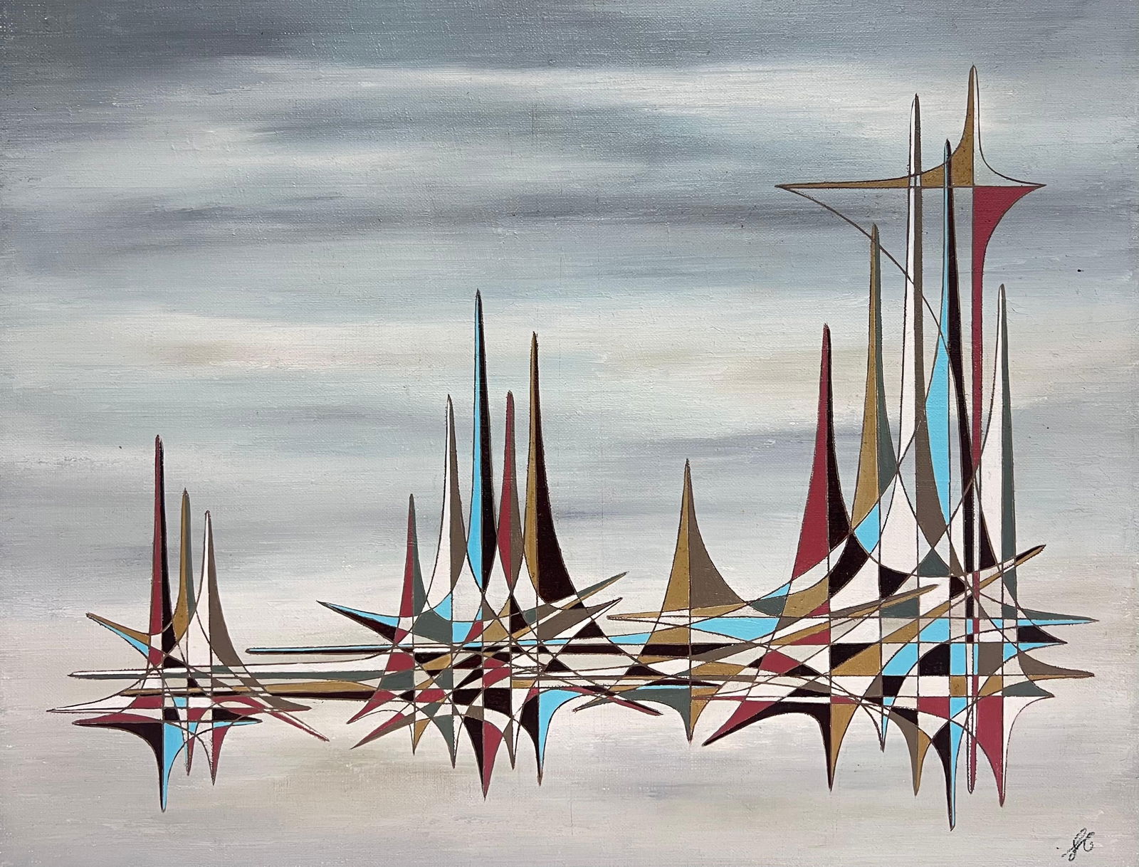 Serge Guerin (1916); Grey French Colourful Geometric Spires Abstract Surrealist Oil Painting - 4