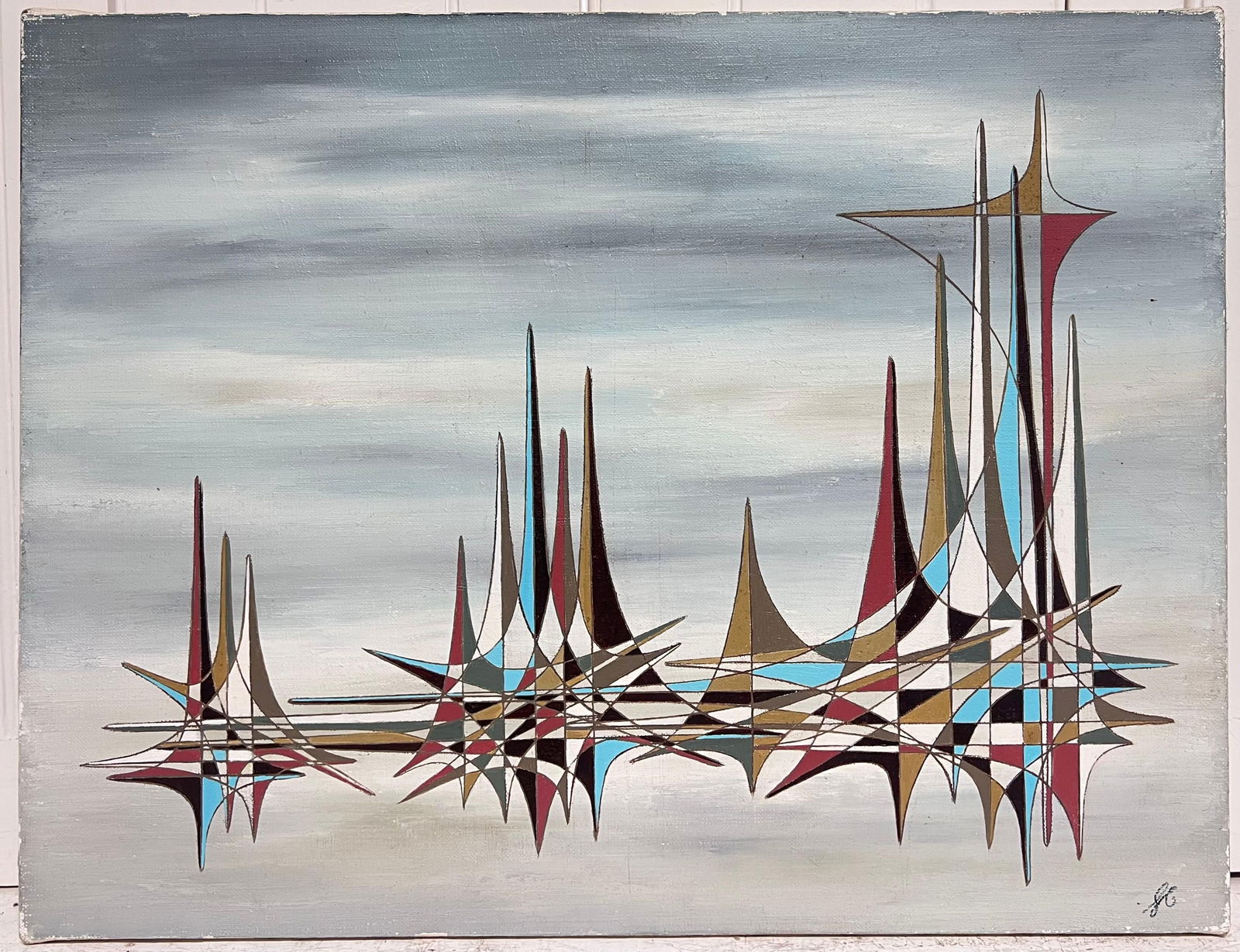 Serge Guerin (1916); Grey French Colourful Geometric Spires Abstract Surrealist Oil Painting - 5