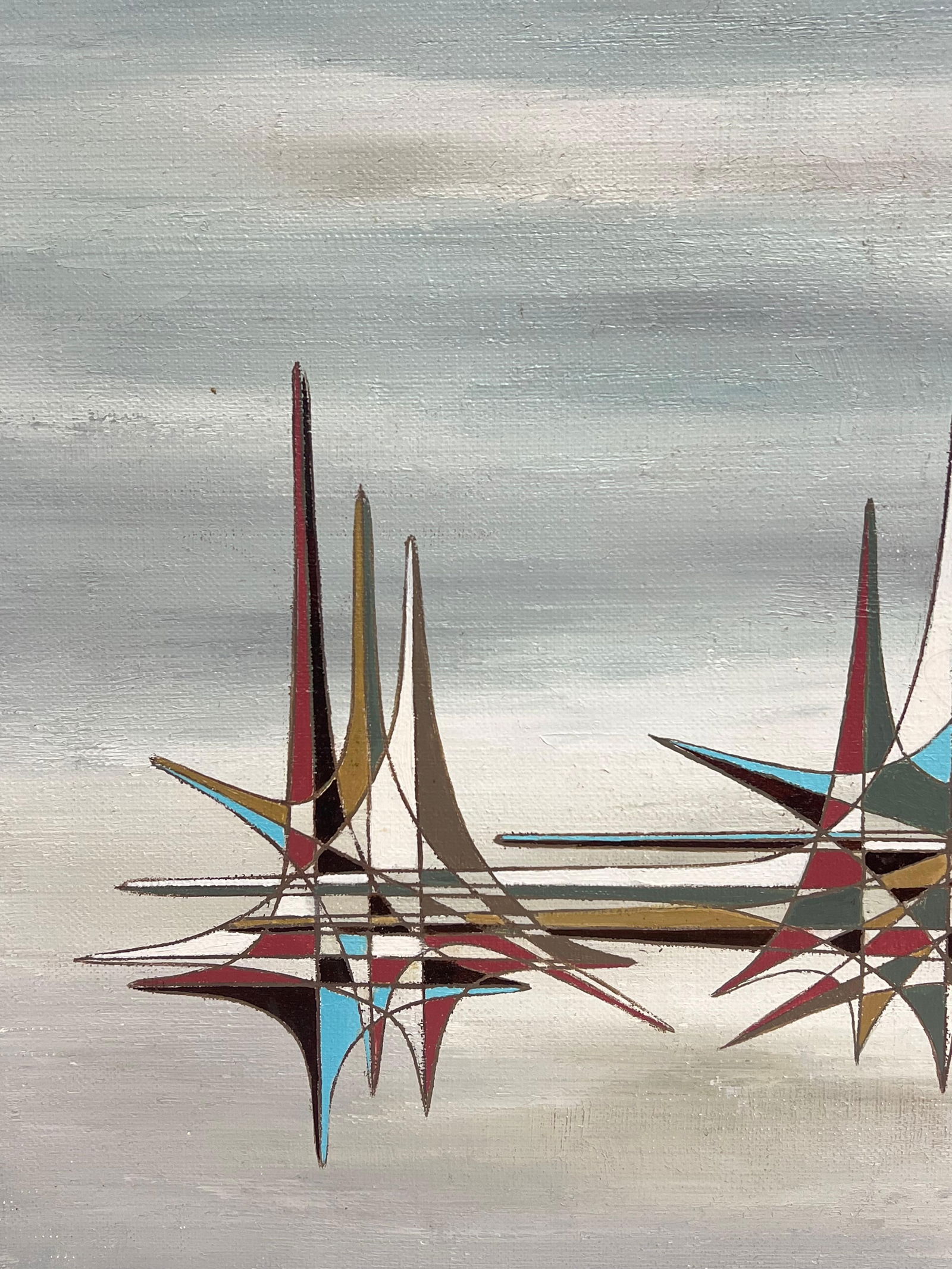 Serge Guerin (1916); Grey French Colourful Geometric Spires Abstract Surrealist Oil Painting - 6