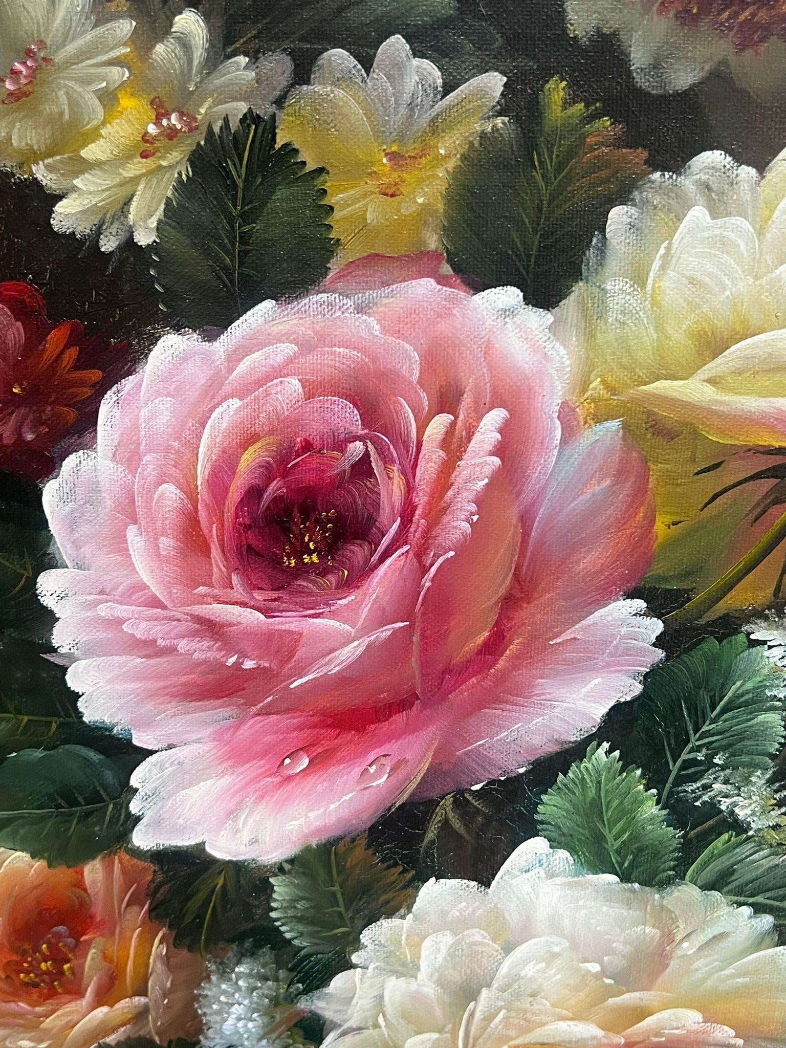 Continental School; Blushing Roses in a Golden Vase Still Life Large Scale Classical Oil Painting - 7