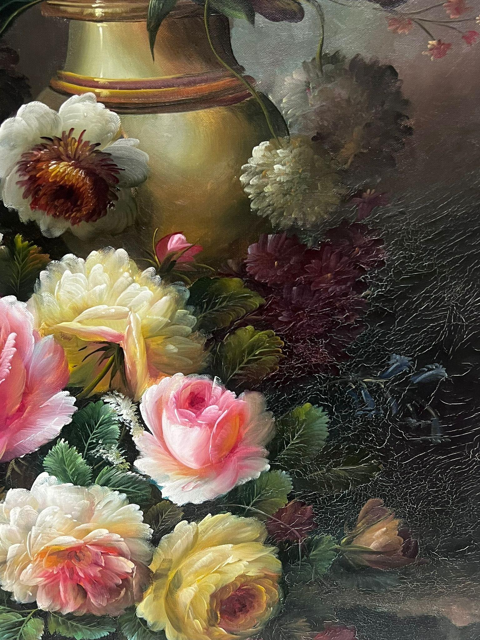 Continental School; Blushing Roses in a Golden Vase Still Life Large Scale Classical Oil Painting - 8