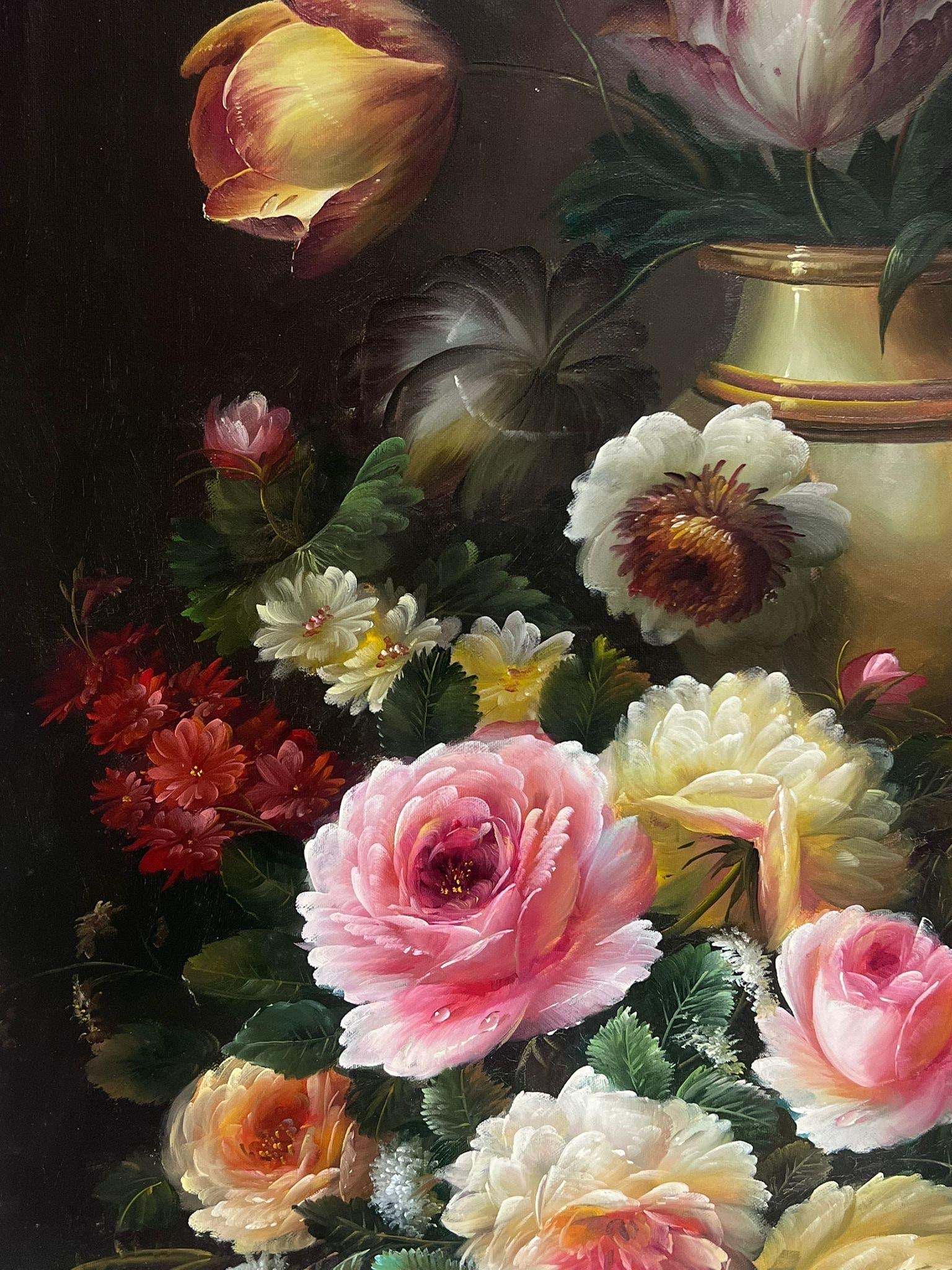Continental School; Blushing Roses in a Golden Vase Still Life Large Scale Classical Oil Painting - 9