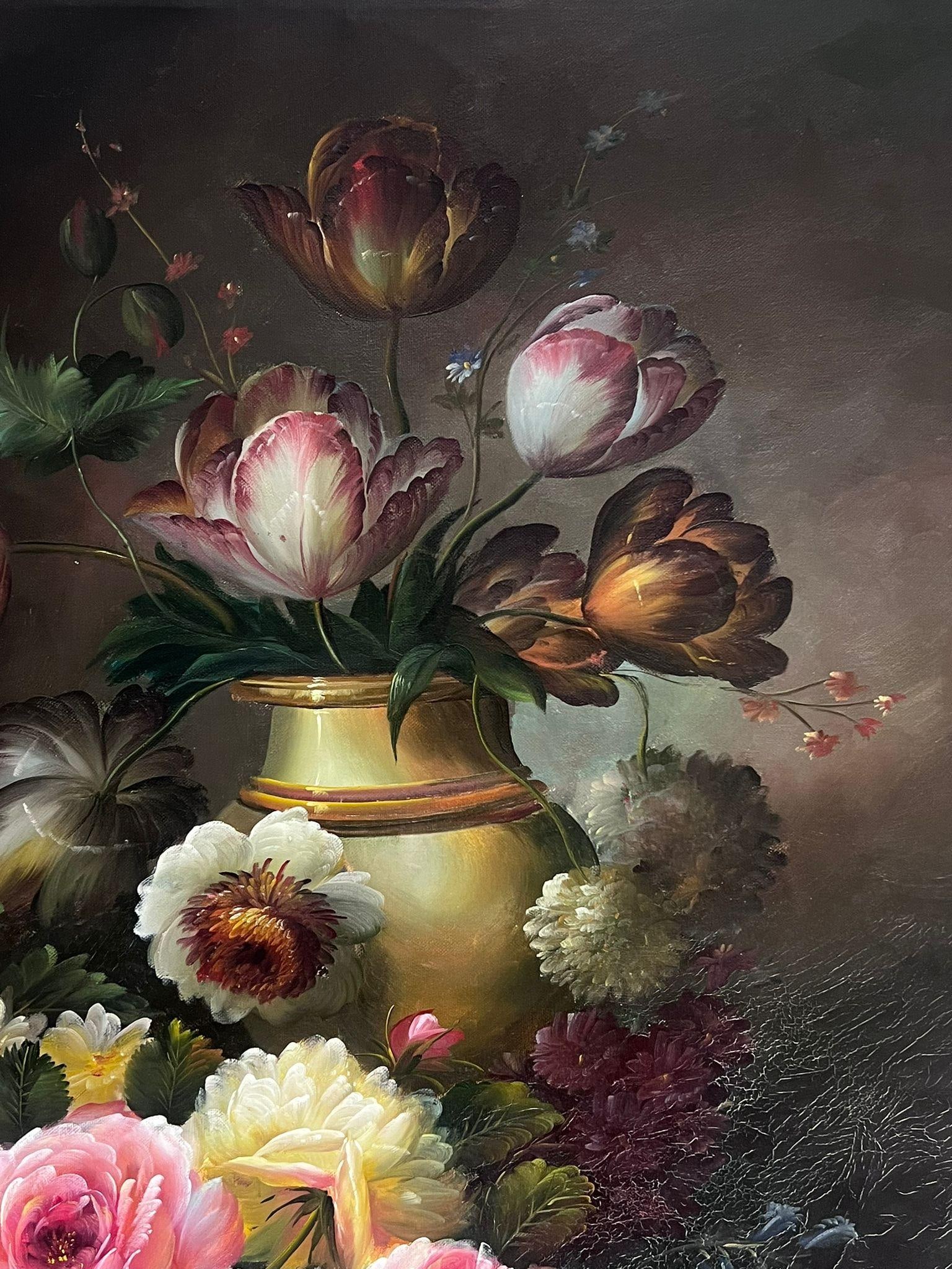Continental School; Blushing Roses in a Golden Vase Still Life Large Scale Classical Oil Painting - 10
