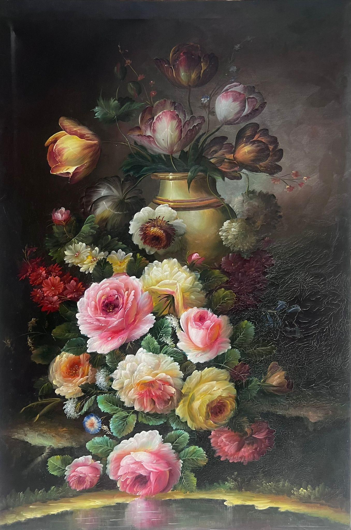 Continental School; Blushing Roses in a Golden Vase Still Life Large Scale Classical Oil Painting: Title: Continental School; Blushing Roses in a Golden Vase Still Life Large Scale Classical Oil Painting Description: Village Scene signed by Fanch Lel (French b. 1930) Size: 10.5 x 8.75 inches Oil pa