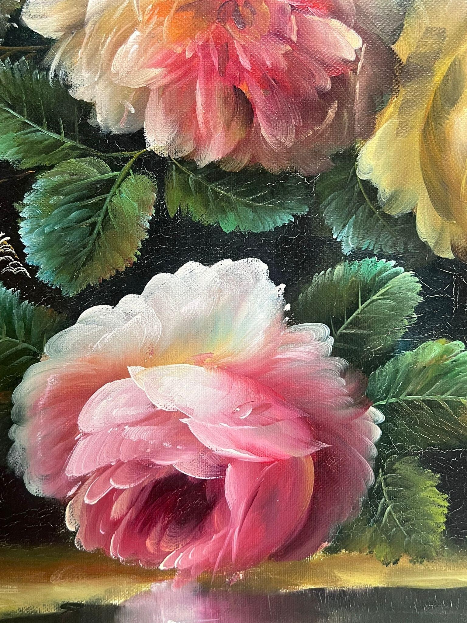 Continental School; Blushing Roses in a Golden Vase Still Life Large Scale Classical Oil Painting - 6