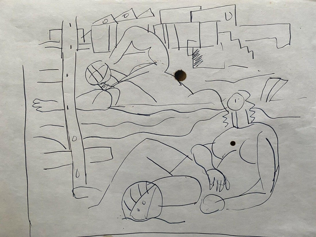 Carlos Carnero Original Pen & Ink Drawing, Figures On The Beach, Mid-20th Century - 2