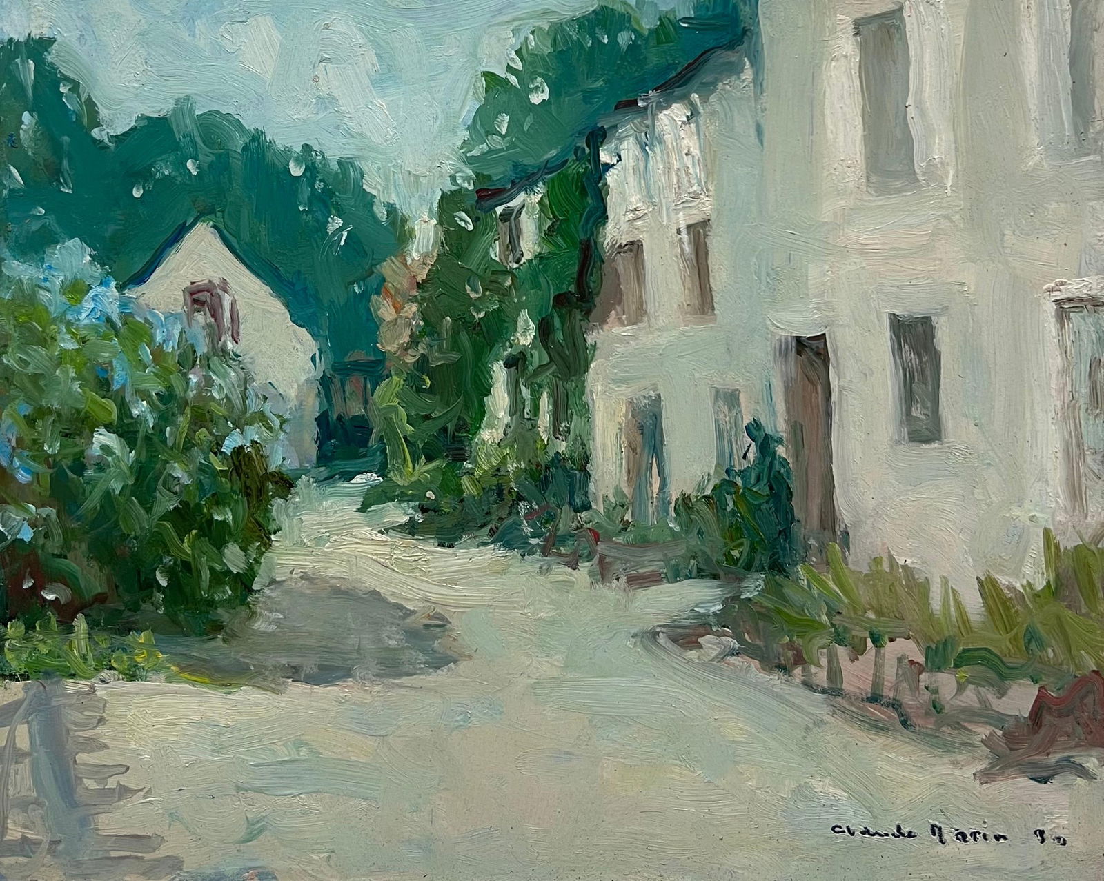 Claude Marin; 20th Century French Impressionist Oil Dappled Light Old French Street Houses, 1980's: Title: Claude Marin; 20th Century French Impressionist Oil Dappled Light Old French Street Houses, 1980's Description: Title: Historic Miniature Watercolor Paintings of John Wesley Kingswood School by