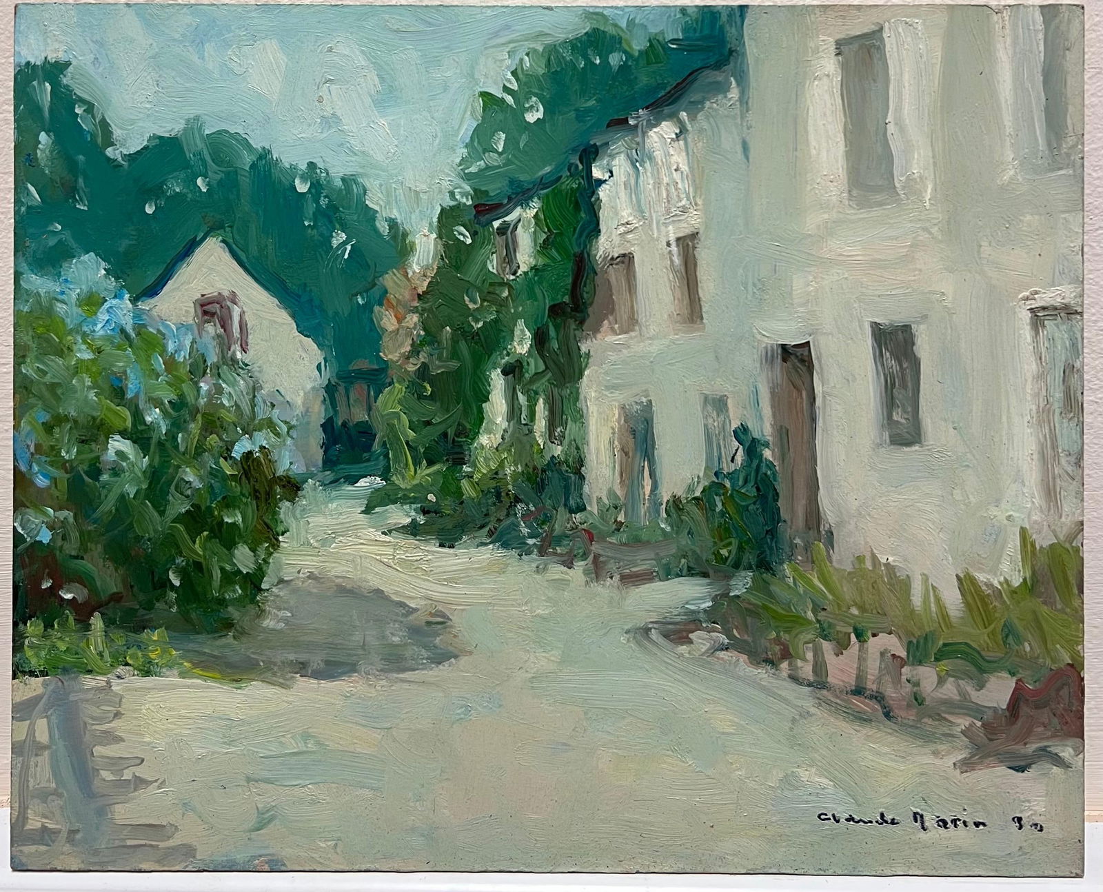Claude Marin; 20th Century French Impressionist Oil Dappled Light Old French Street Houses, 1980's - 2