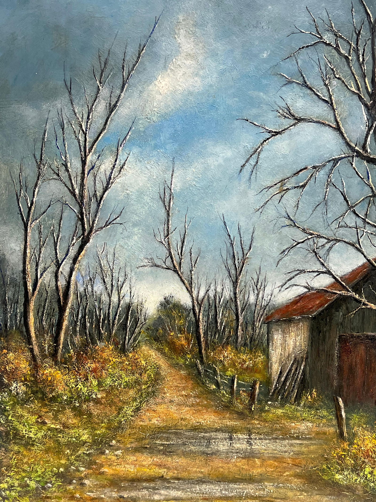Jean Fourie; Country Road with Bare Trees and Winter Barn Landscape Oil Painting - 7