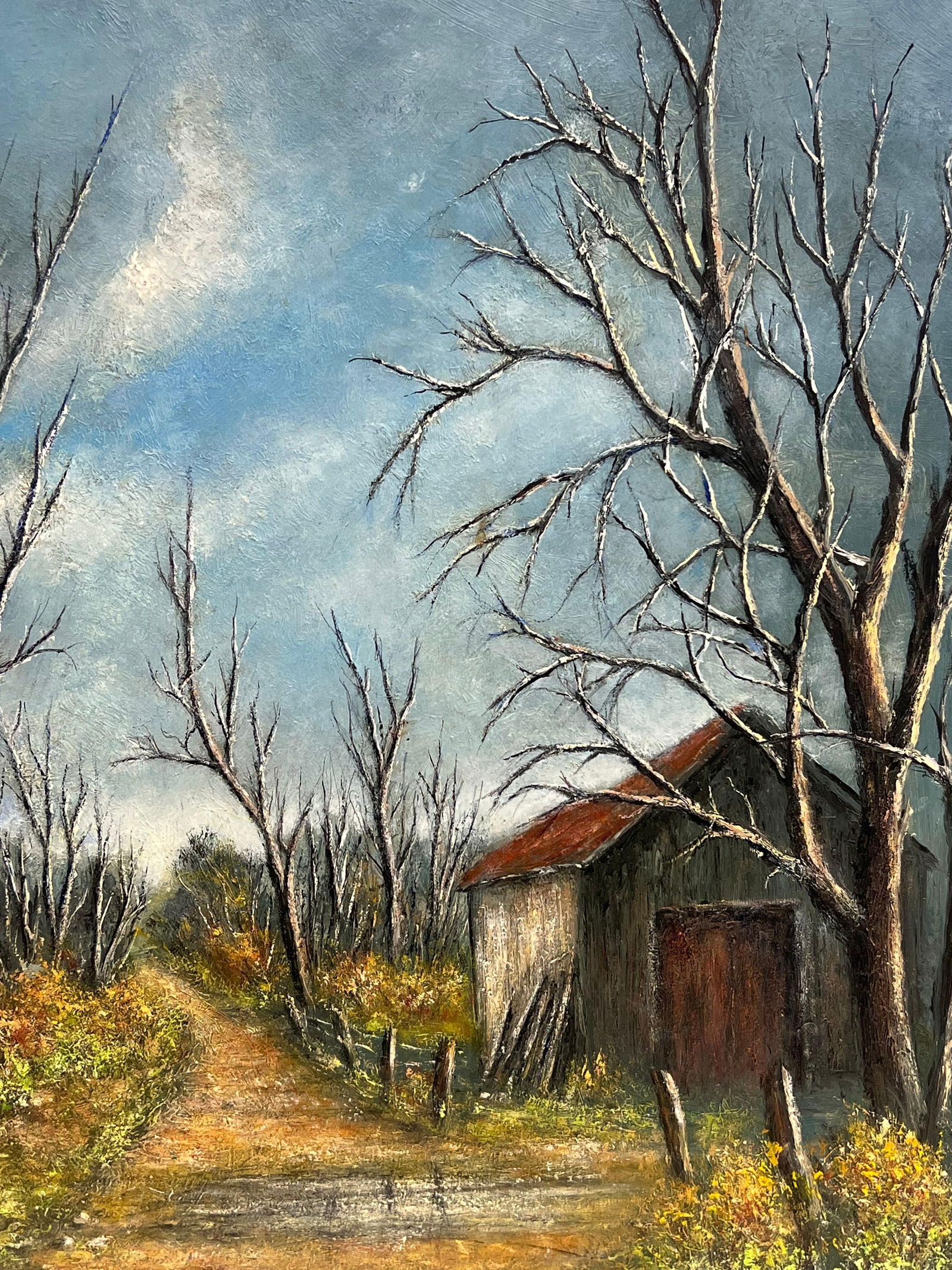 Jean Fourie; Country Road with Bare Trees and Winter Barn Landscape Oil Painting - 9