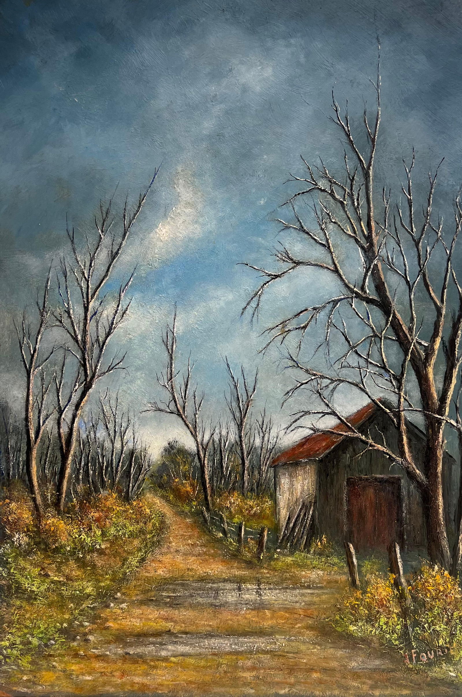 Jean Fourie; Country Road with Bare Trees and Winter Barn Landscape Oil Painting - 4