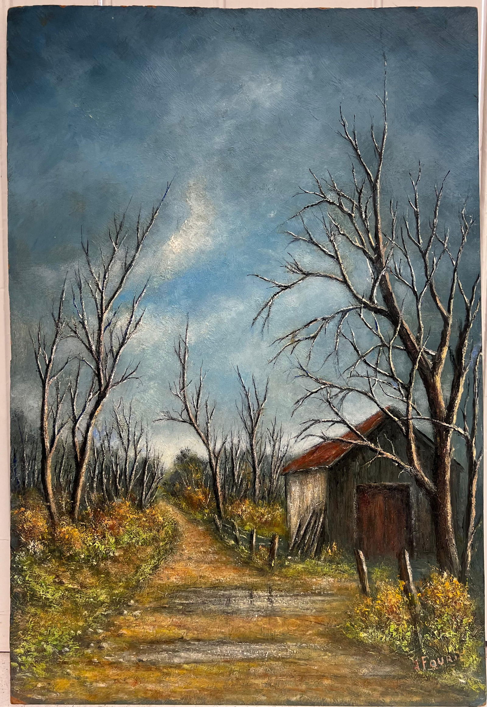 Jean Fourie; Country Road with Bare Trees and Winter Barn Landscape Oil Painting - 5