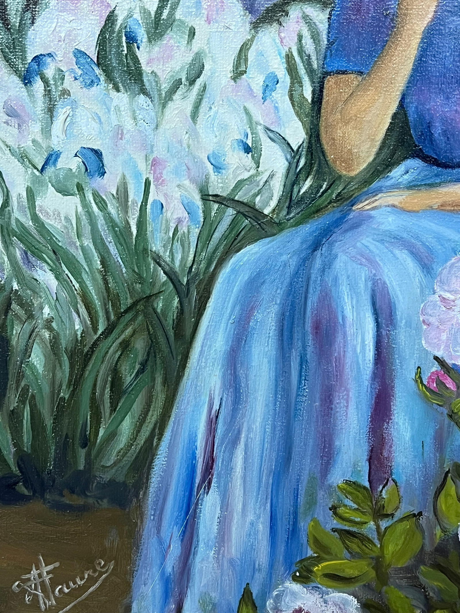 Annie Faure; Lady in Blue Seated Amongst Blossoming Roses and Irises 20th Century French Oil - 7
